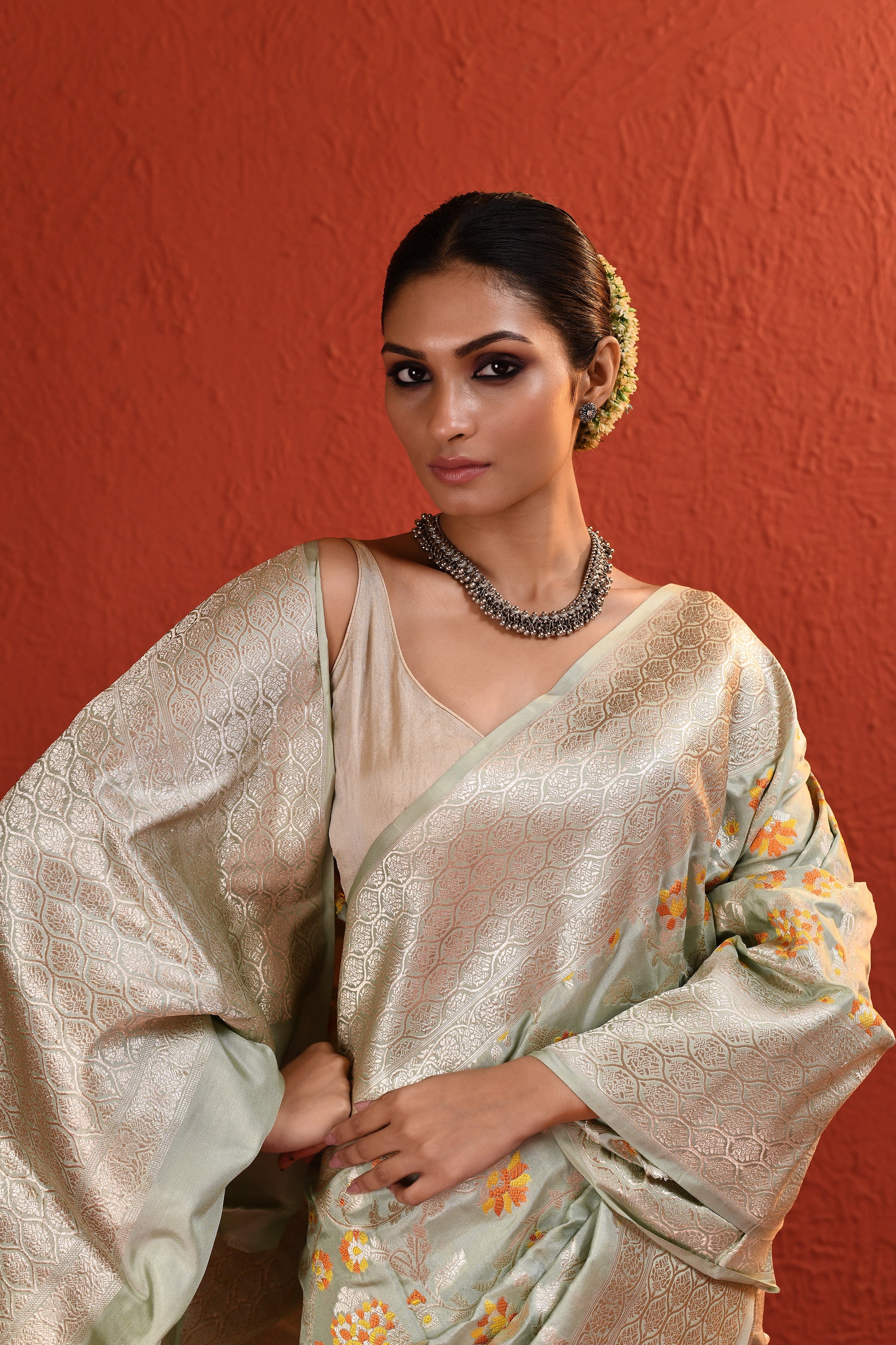 Floral Bloom Meenakari Silver Banarsi Silk Saree