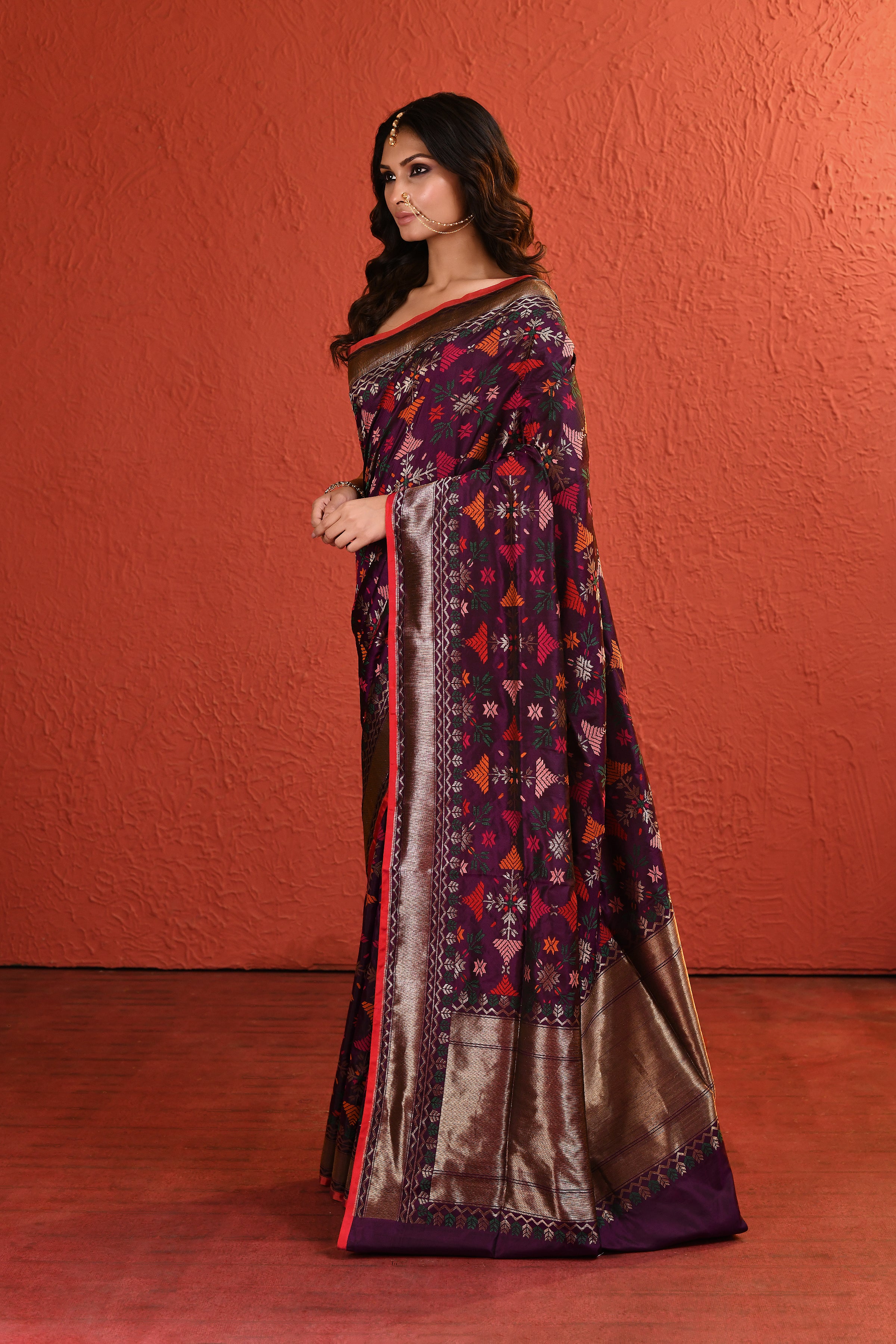 Multi-Coloured Handwoven Purple Silk Saree