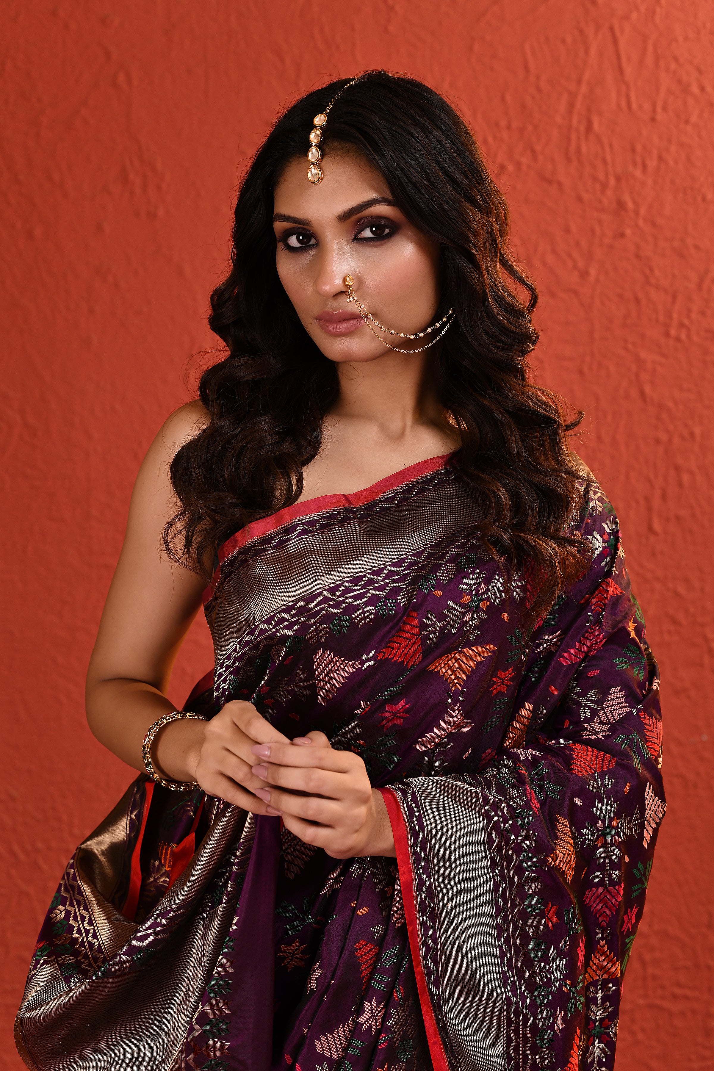 Multi-Coloured Handwoven Purple Silk Saree