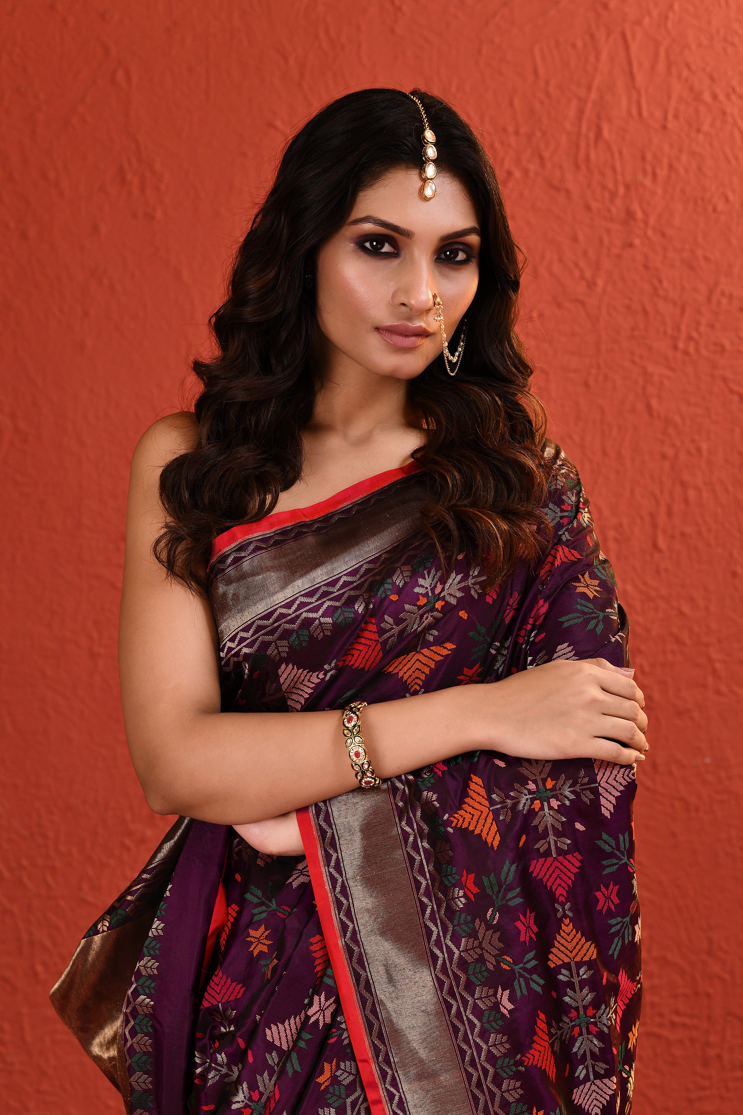 Multi-Coloured Handwoven Purple Silk Saree