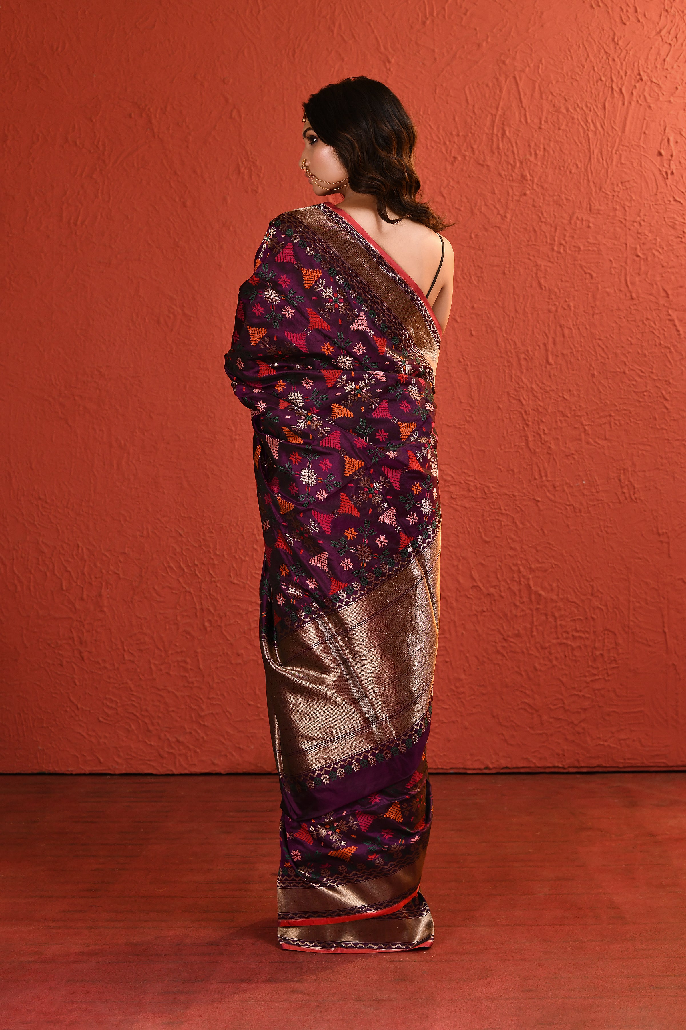 Multi-Coloured Handwoven Purple Silk Saree