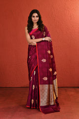 Maroon Tanchoi Resham and Zari Woven Floral Silk Saree