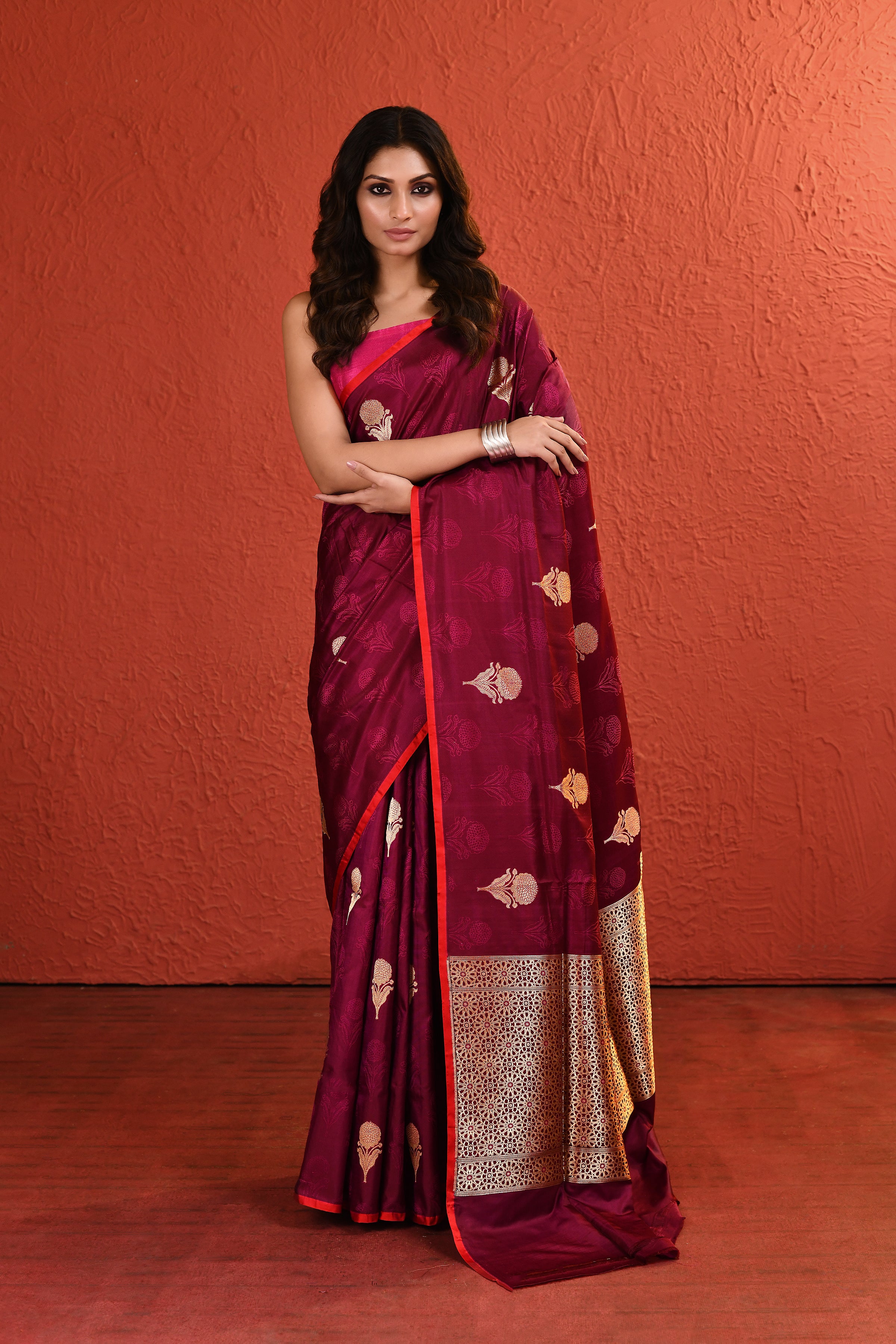 Maroon Tanchoi Resham and Zari Woven Floral Silk Saree