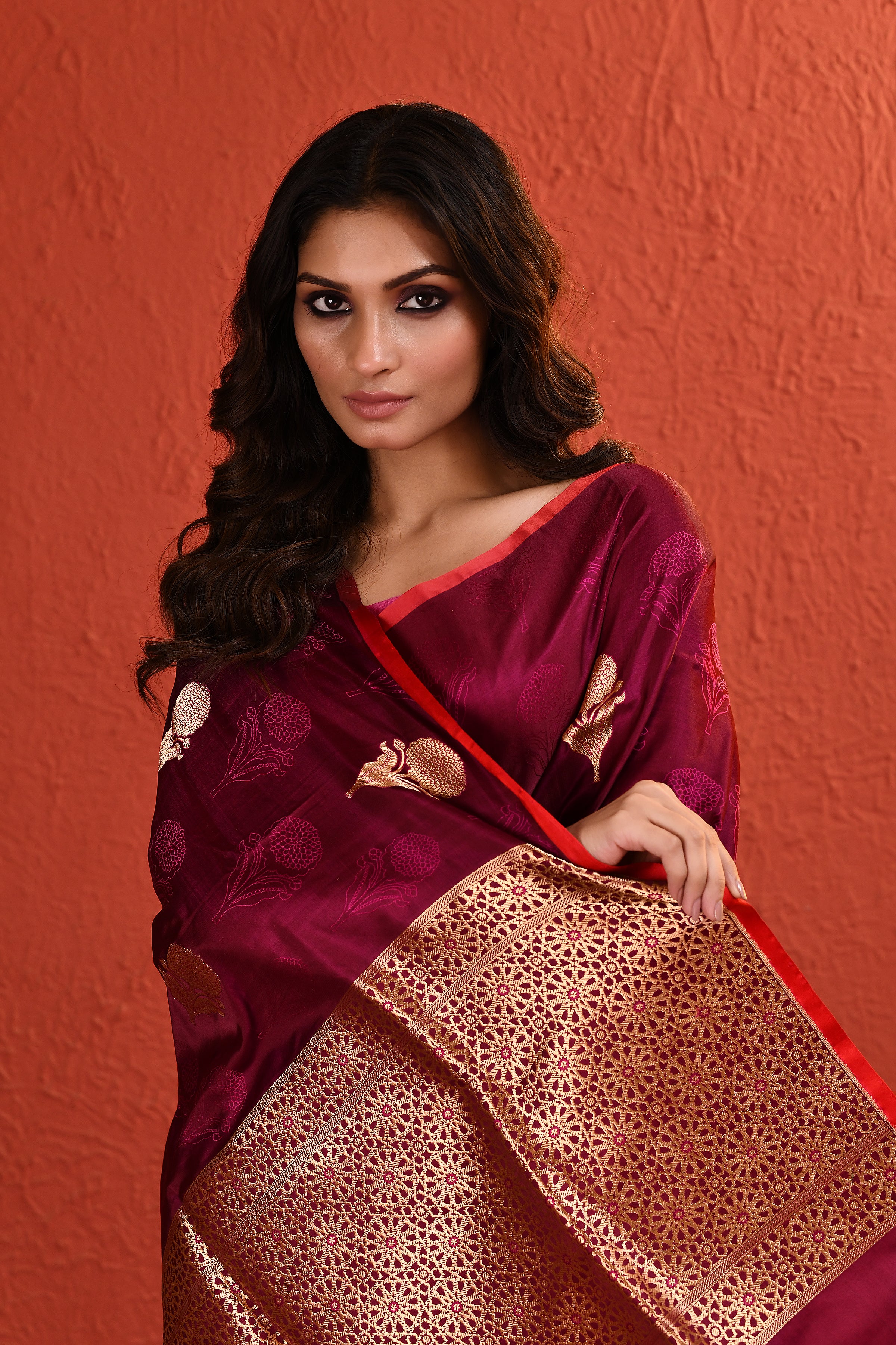 Maroon Tanchoi Resham and Zari Woven Floral Silk Saree
