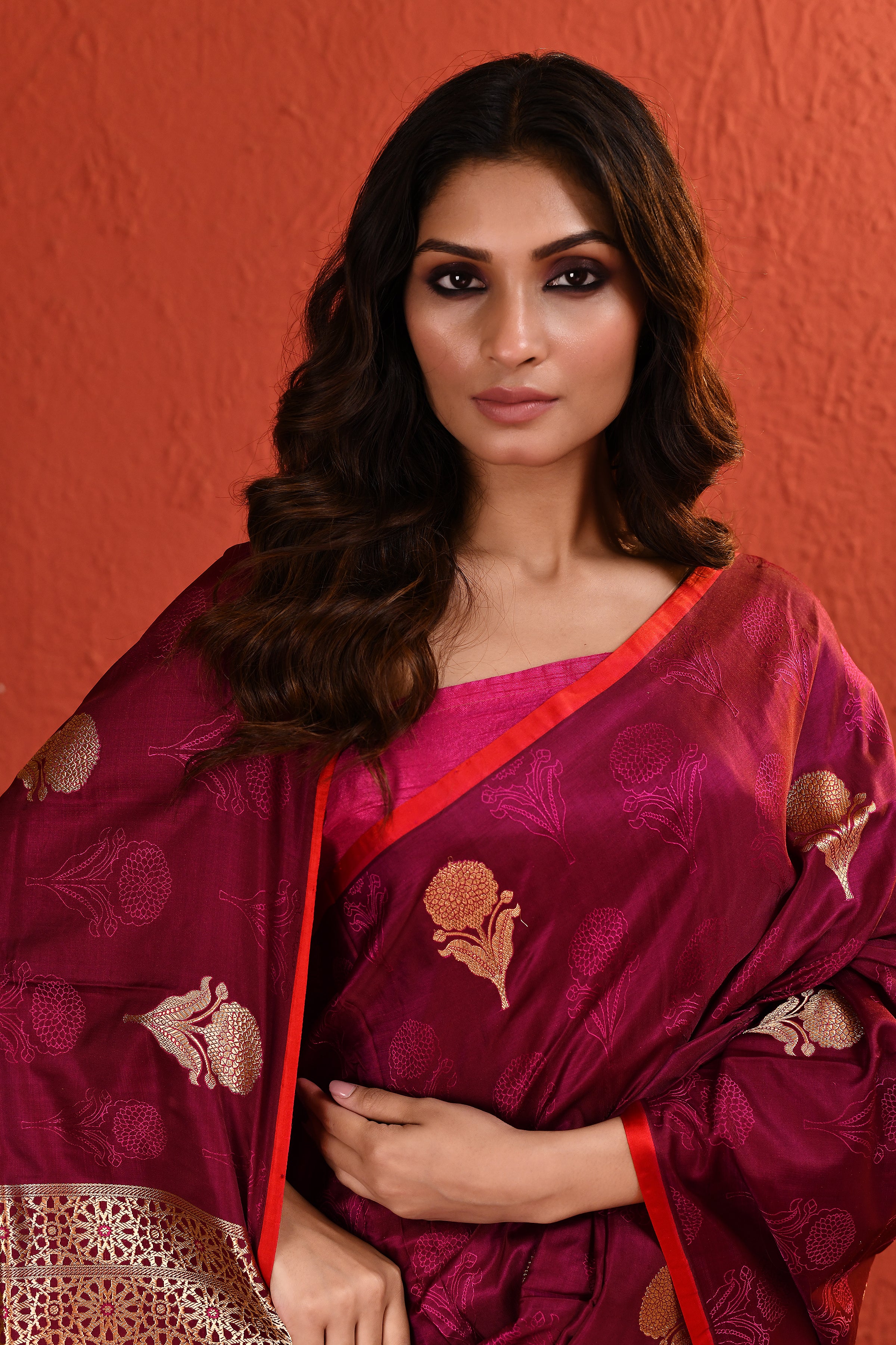Maroon Tanchoi Resham and Zari Woven Floral Silk Saree