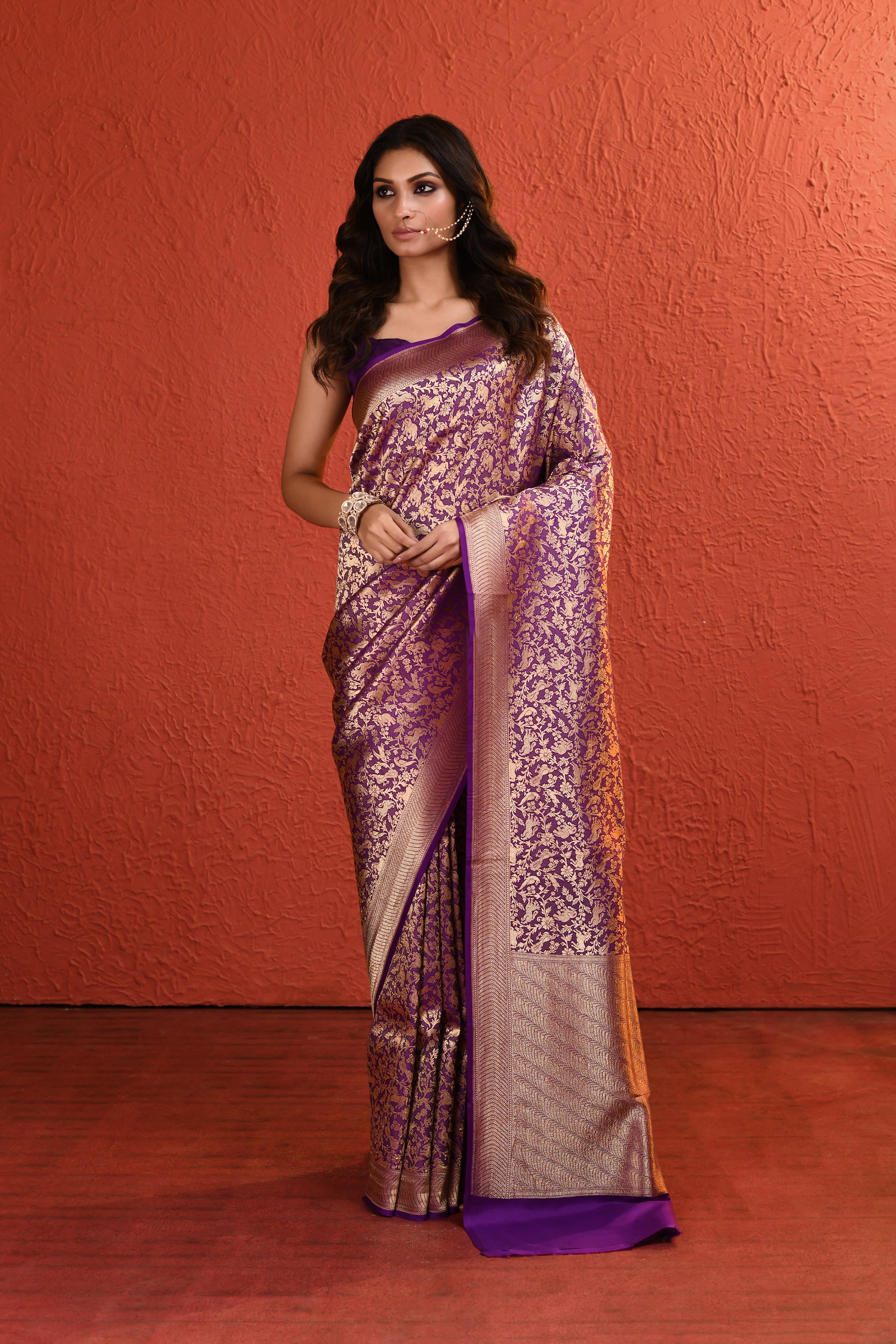 Purple Meenakari Shikargah Handwoven Silk Saree