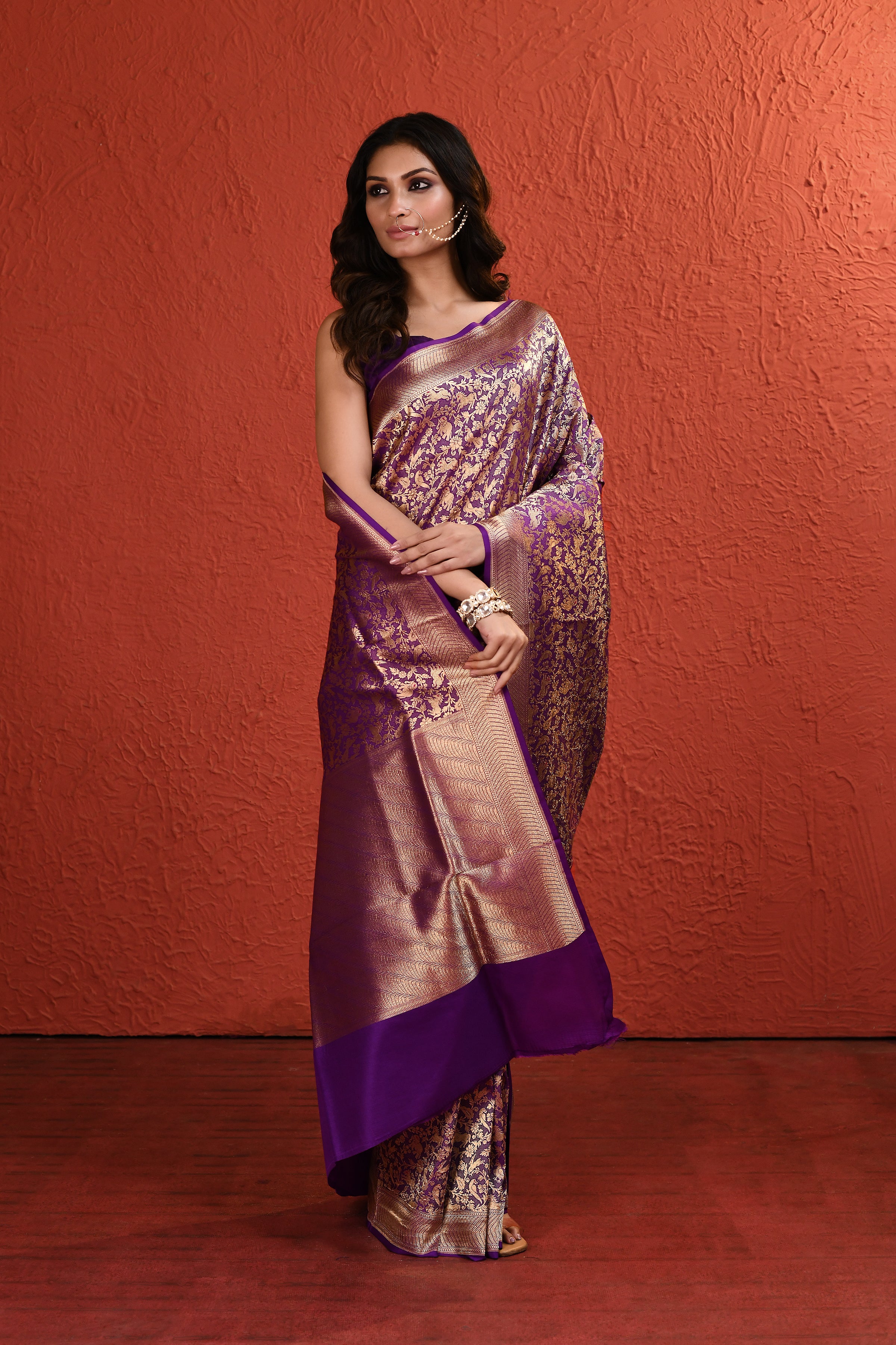 Purple Meenakari Shikargah Handwoven Silk Saree