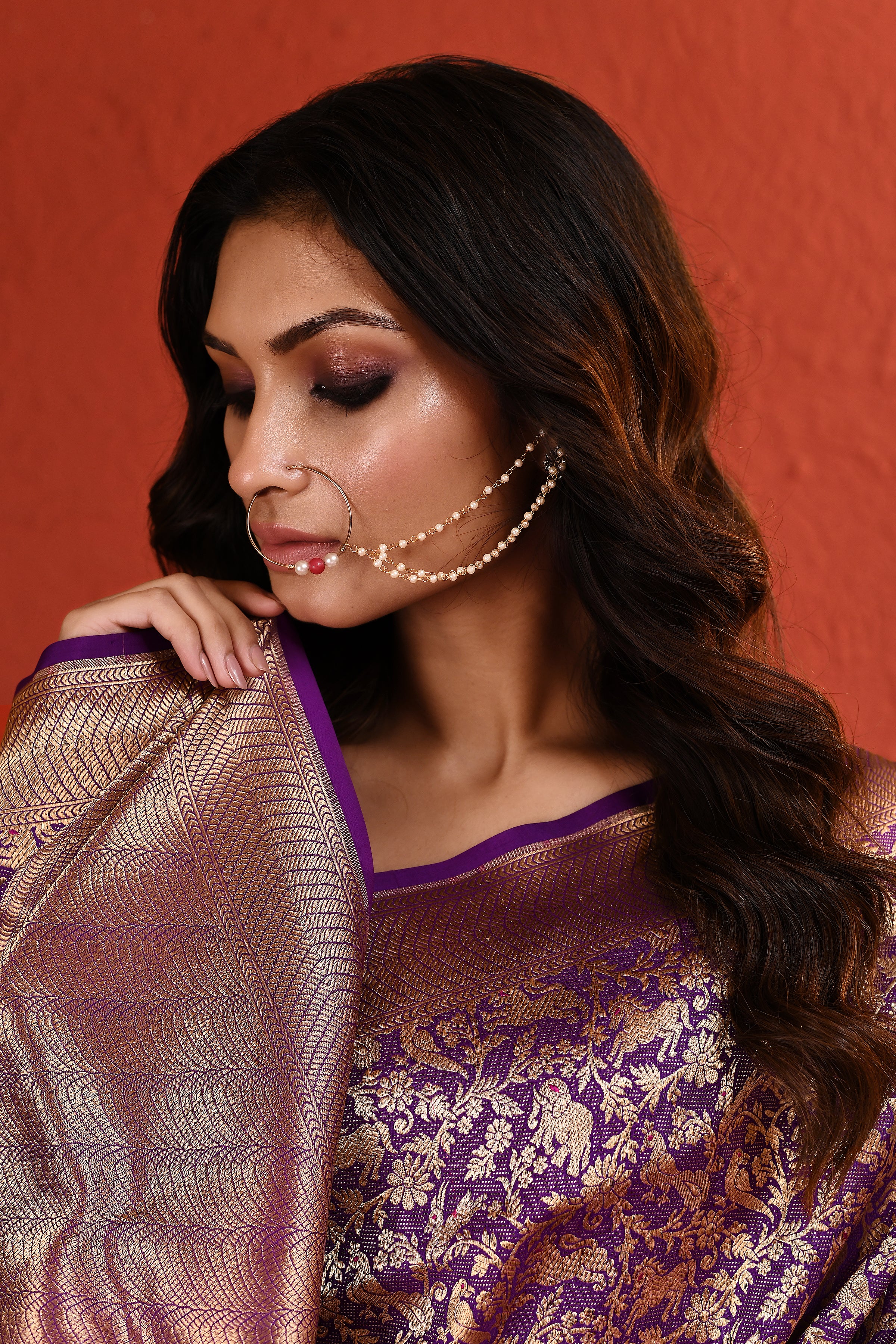Purple Meenakari Shikargah Handwoven Silk Saree