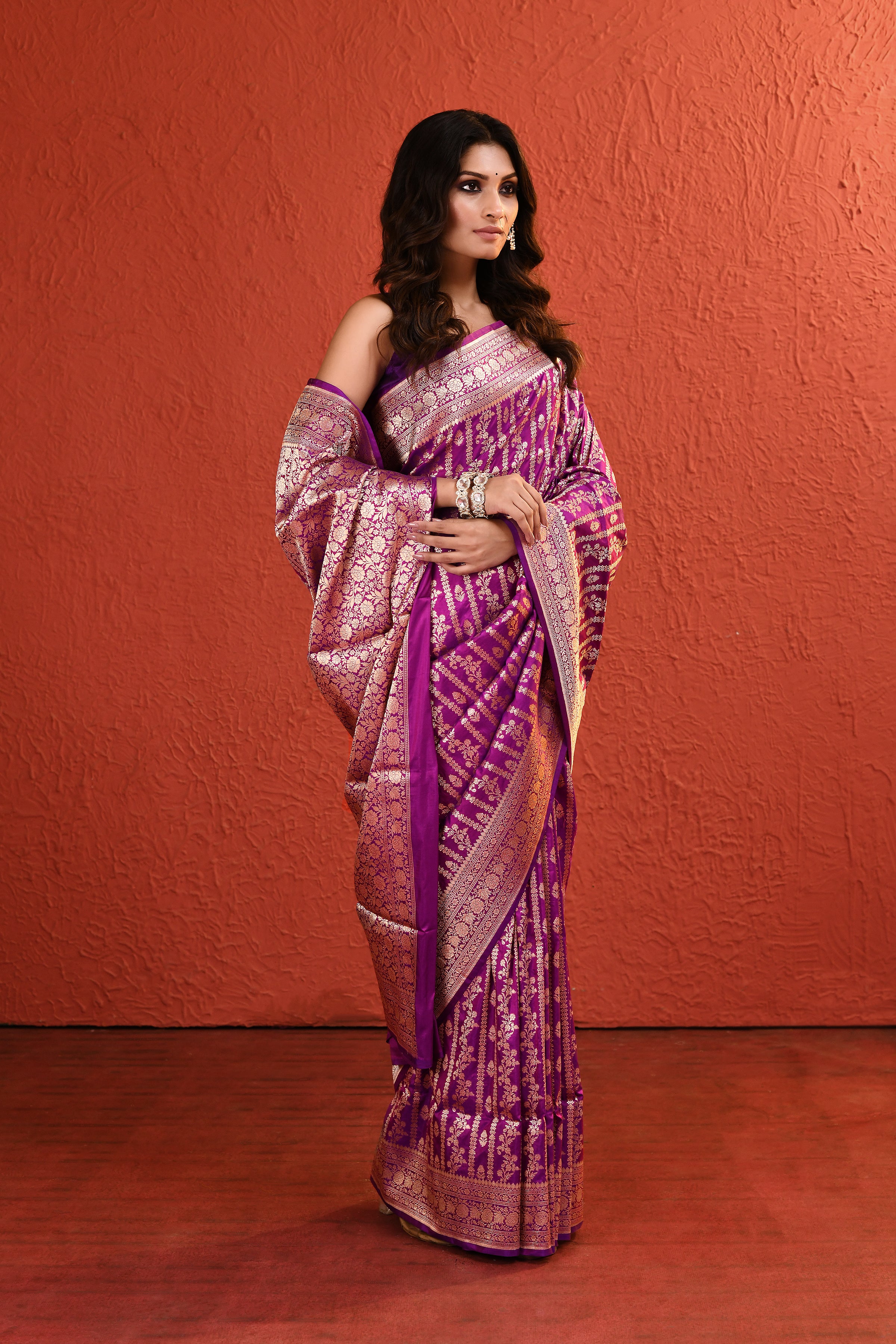 Purple Silver Gold Handwoven Jaal Banarsi Saree