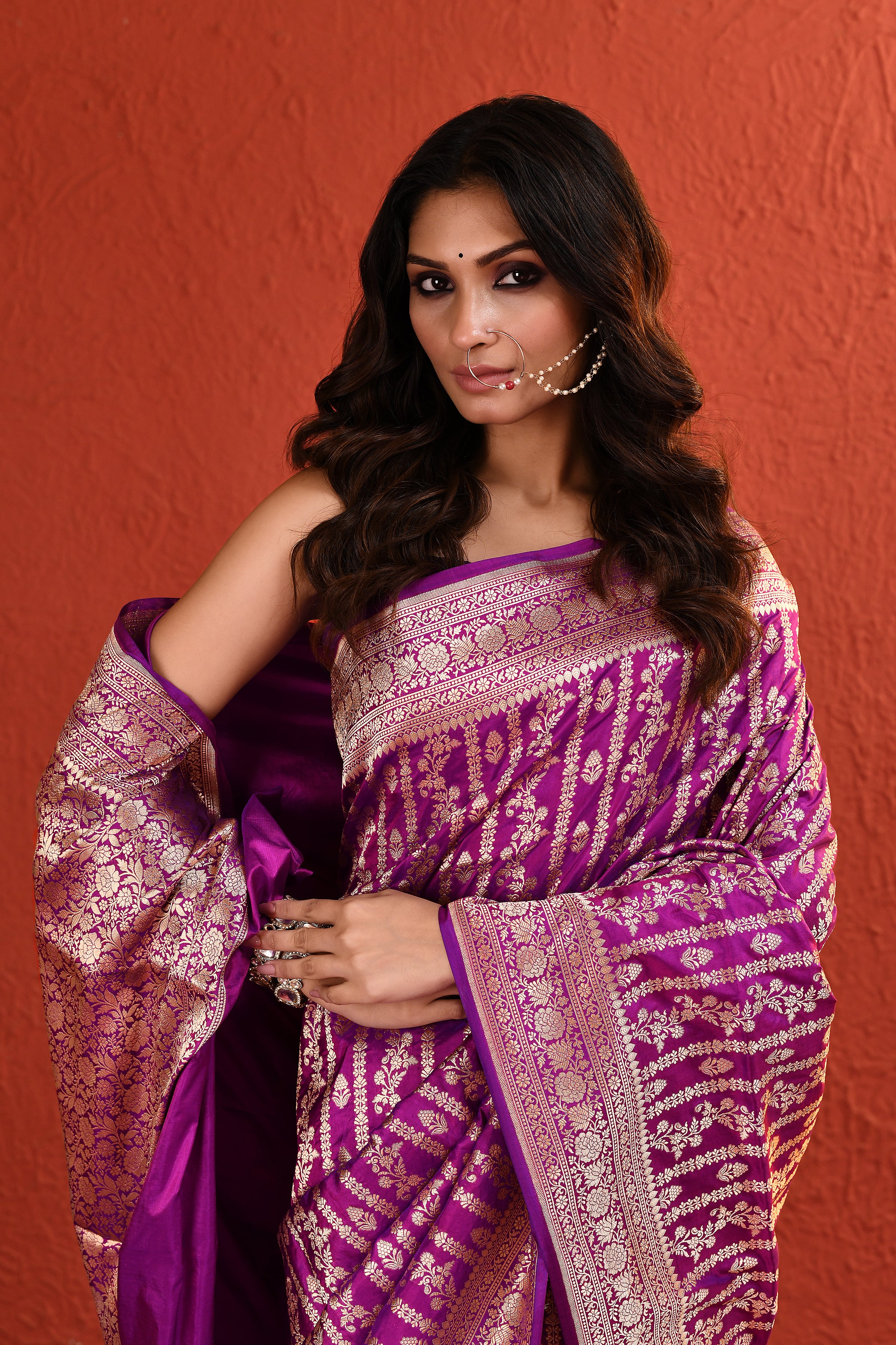 Purple Silver Gold Handwoven Jaal Banarsi Saree
