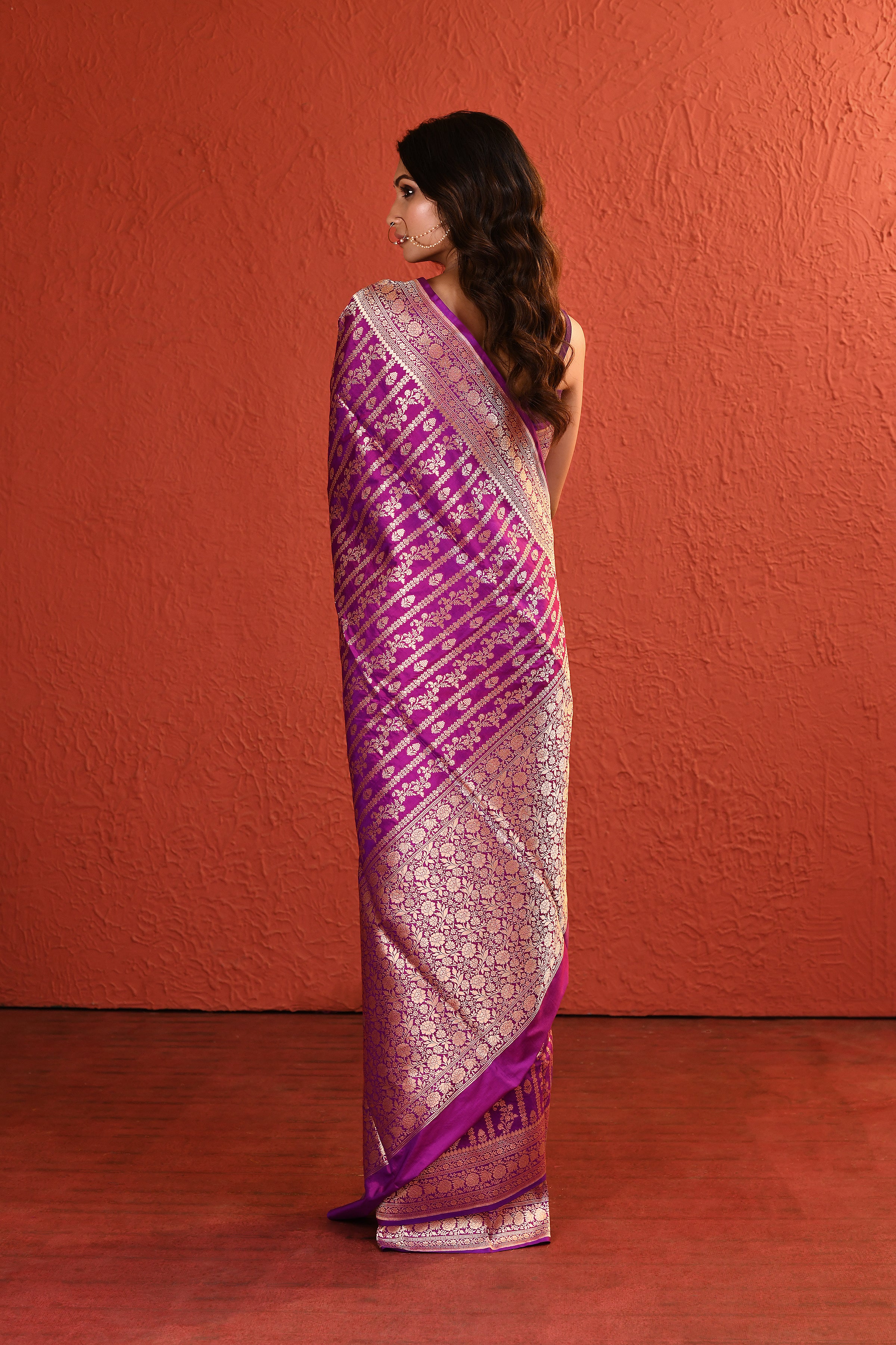 Purple Silver Gold Handwoven Jaal Banarsi Saree
