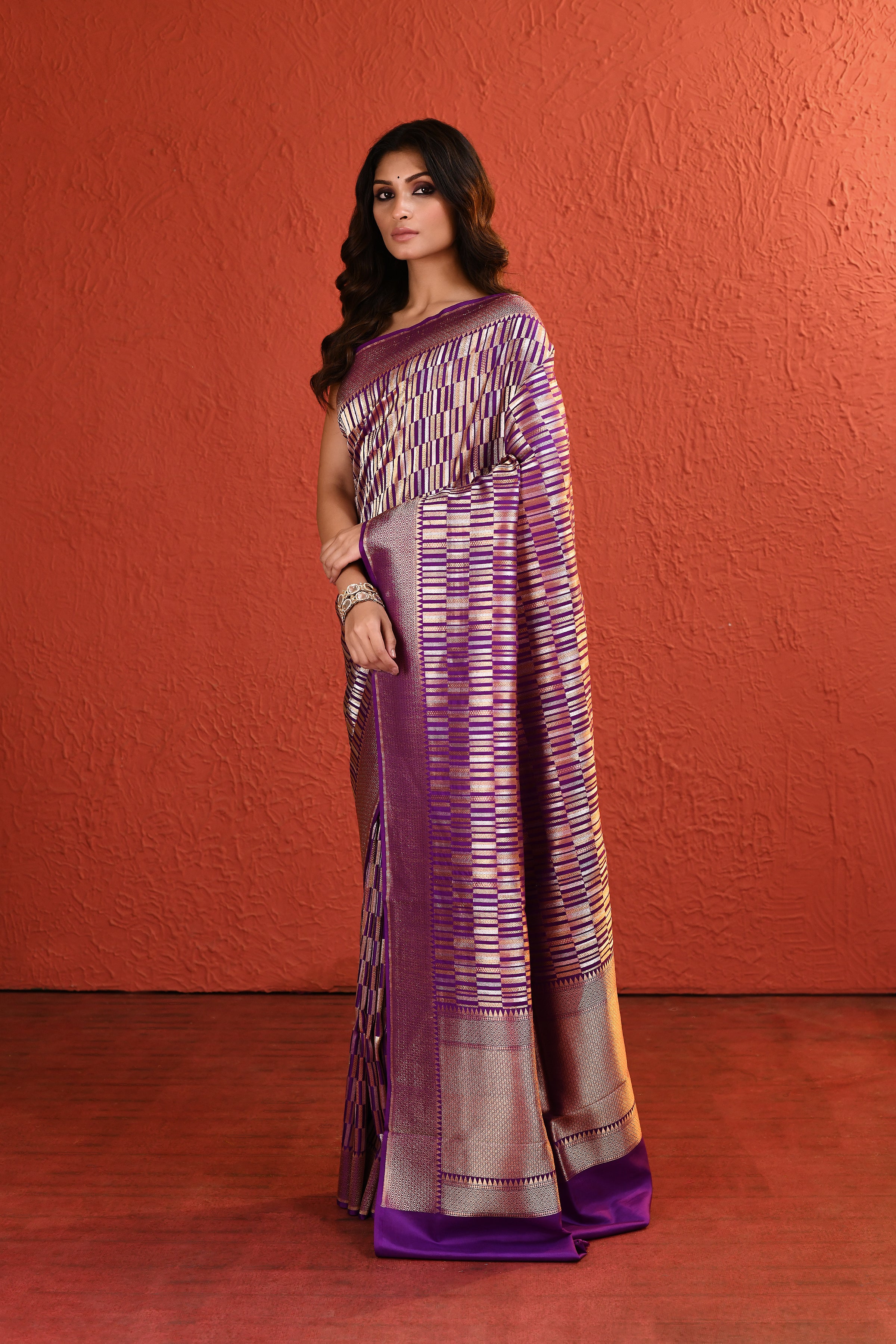 Purple Contemporary Silver Gold Zari Silk Saree