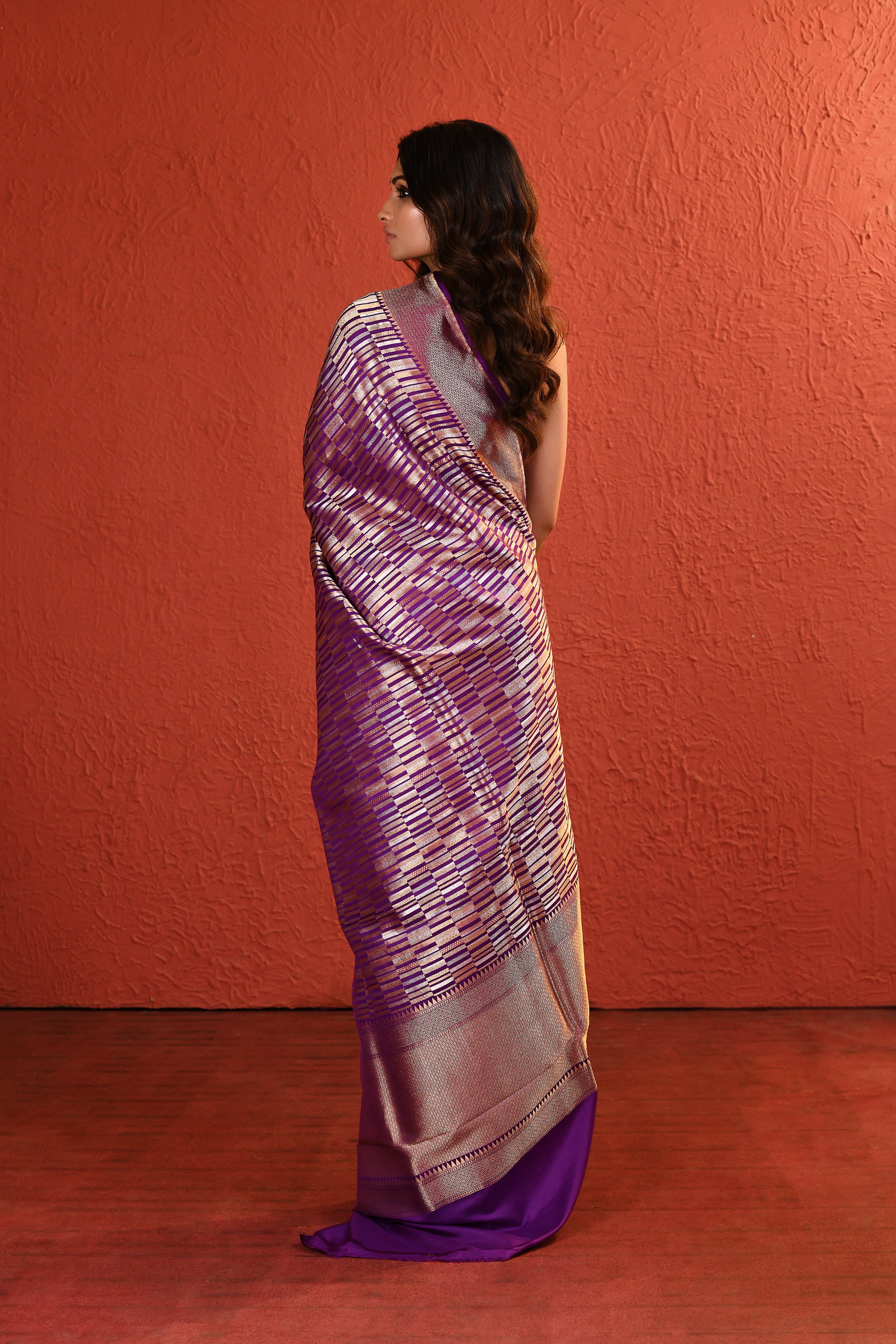 Purple Contemporary Silver Gold Zari Silk Saree