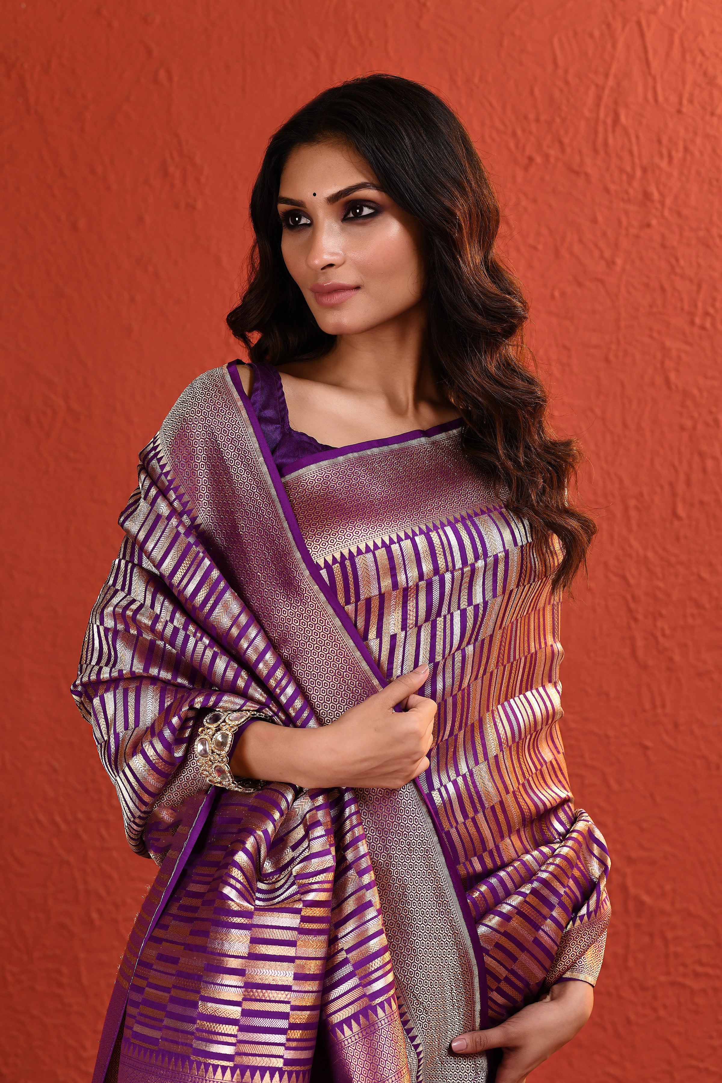 Purple Contemporary Silver Gold Zari Silk Saree