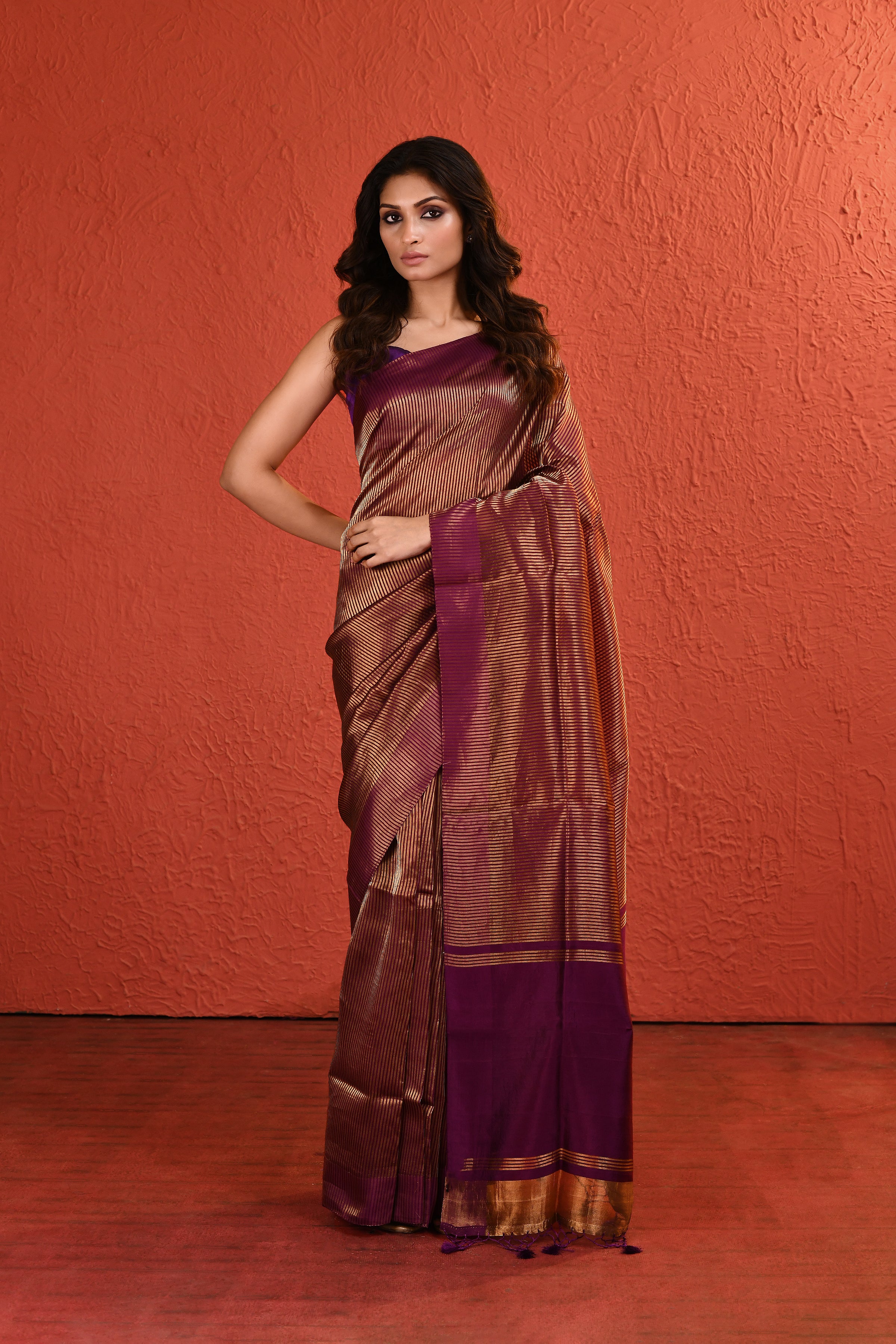 Dark Purple Contemporary Gold Zari Silk Saree