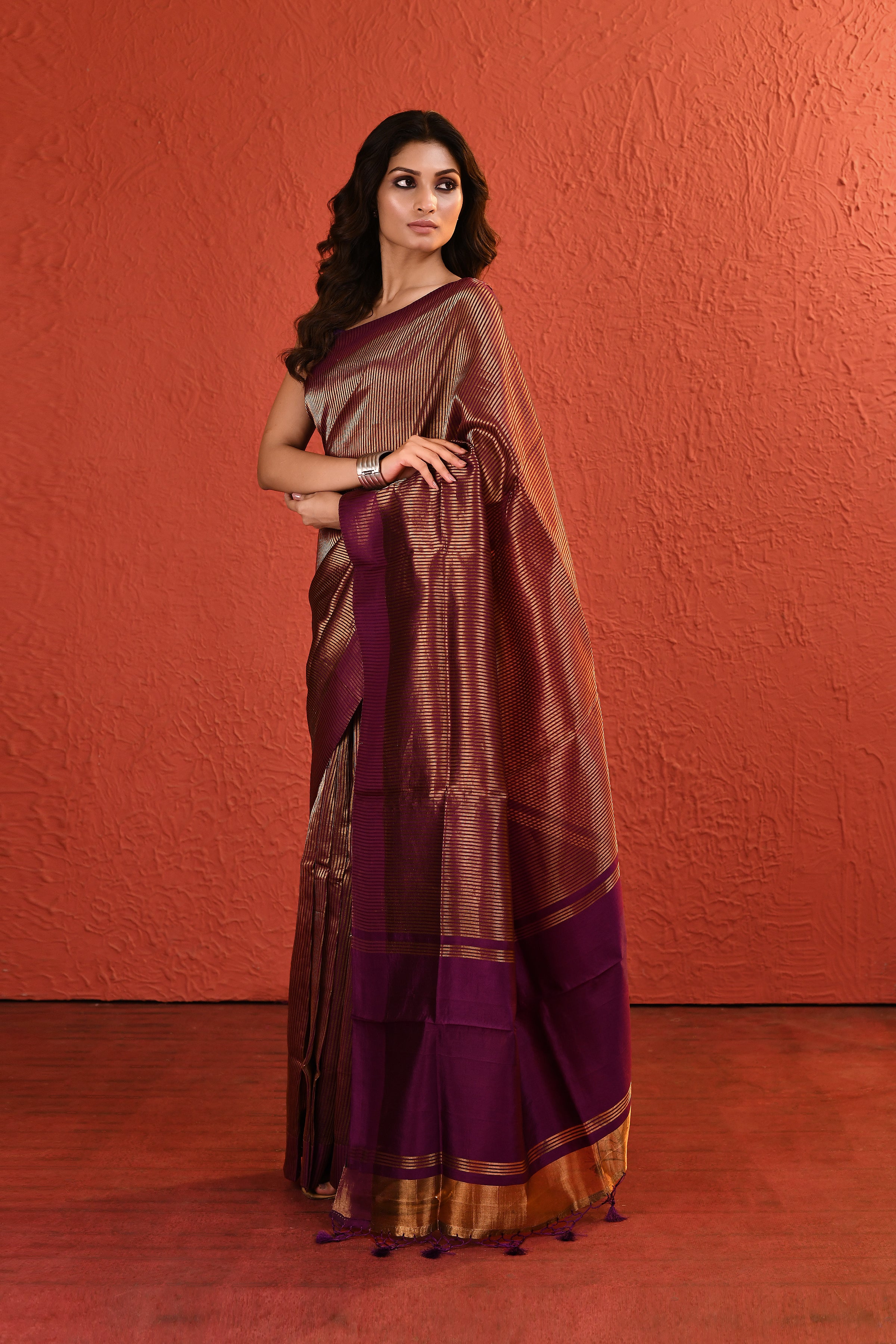 Dark Purple Contemporary Gold Zari Silk Saree