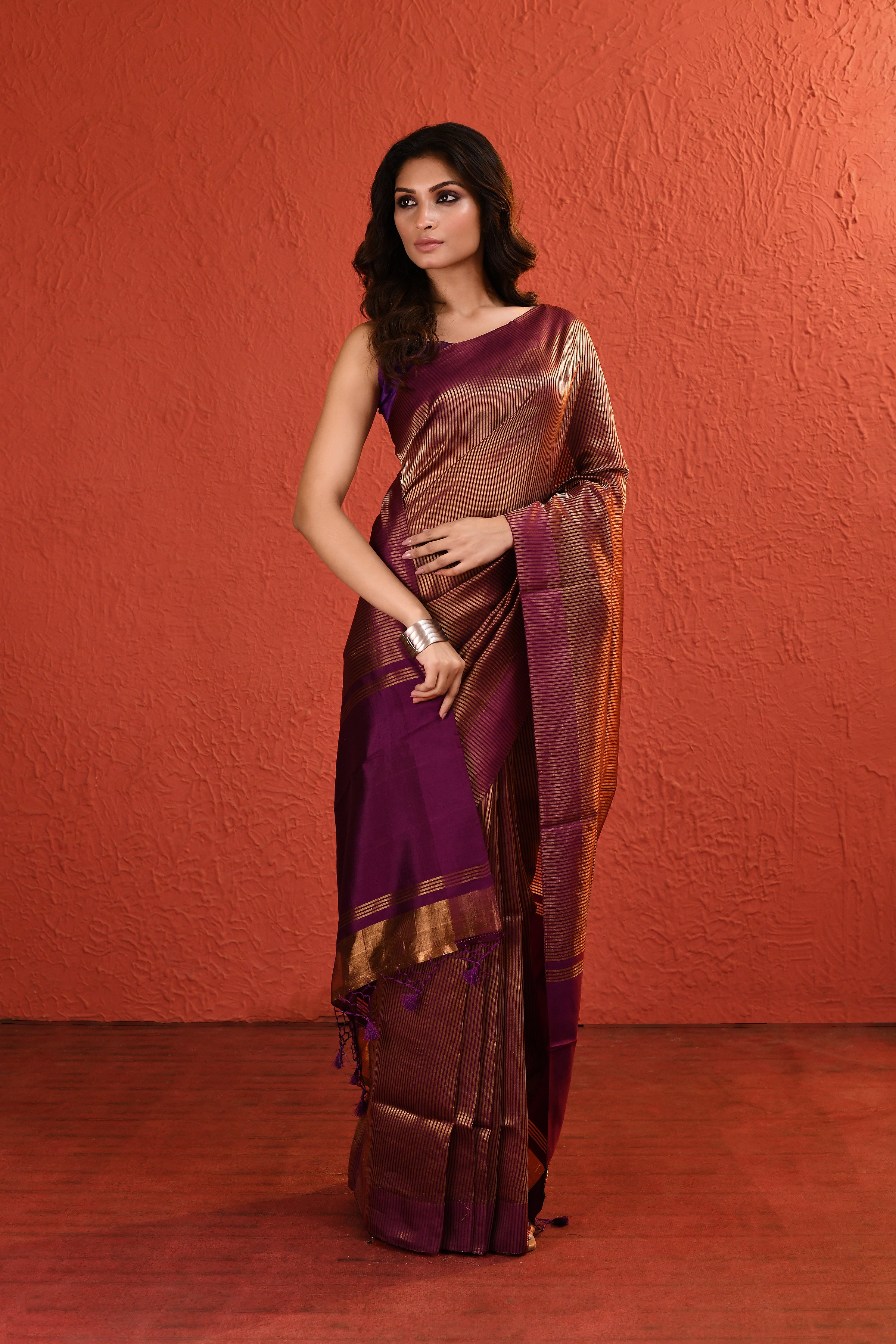 Dark Purple Contemporary Gold Zari Silk Saree