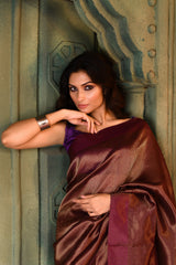 Dark Purple Contemporary Gold Zari Silk Saree