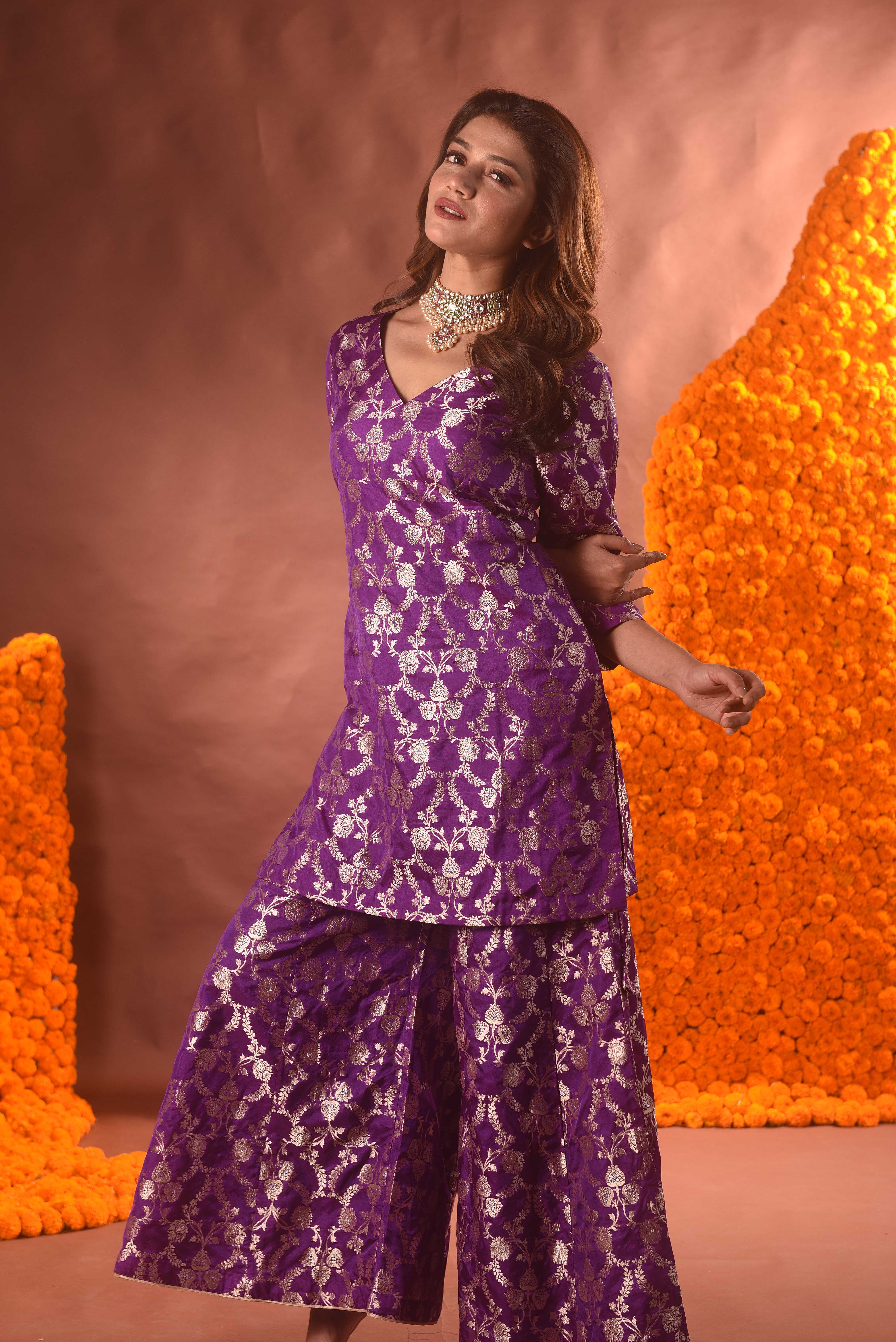 Purple Banarasi Silk Kurta Sharara Set