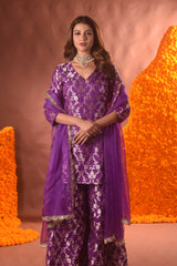 Purple Banarasi Silk Kurta Sharara Set