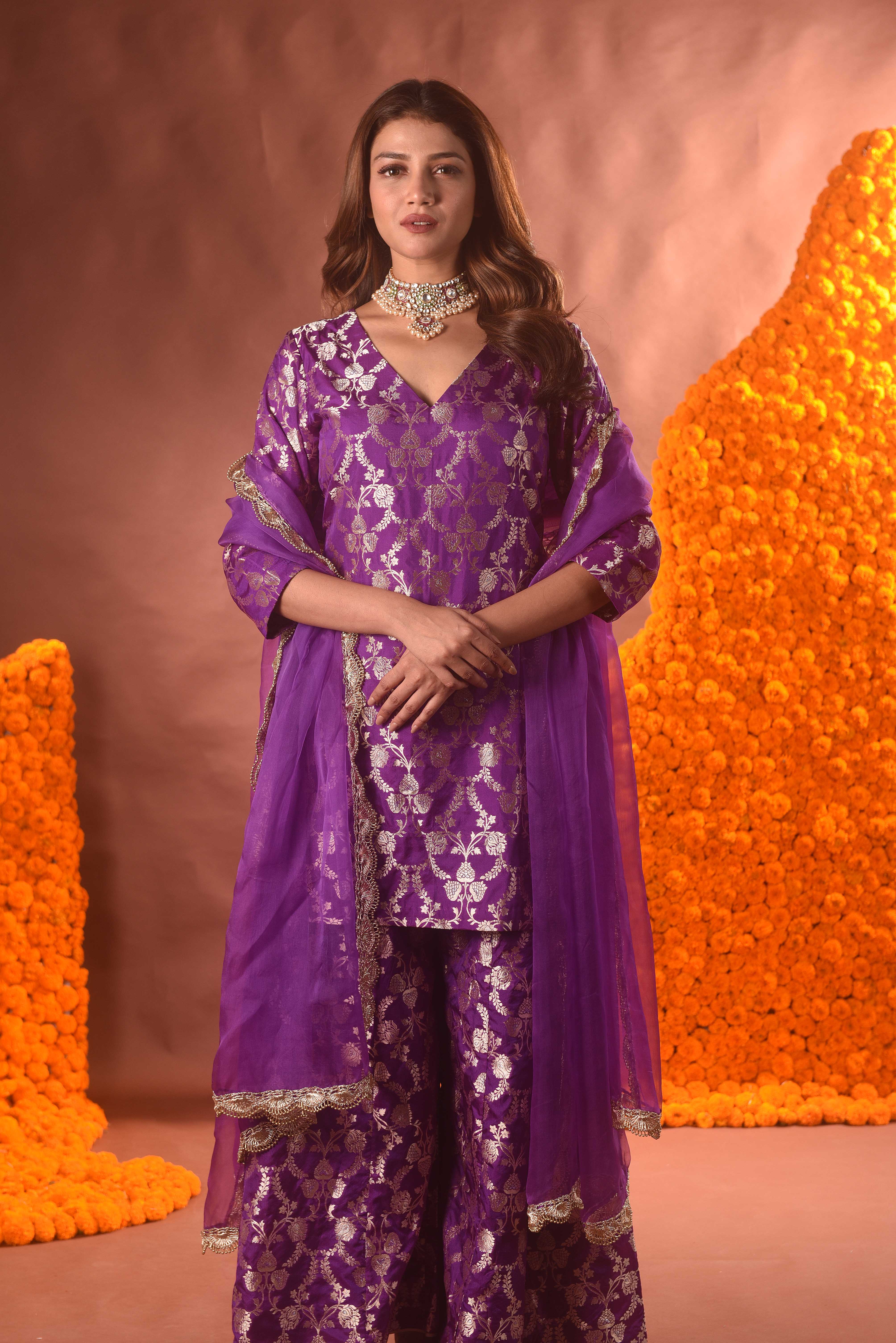 Purple Banarasi Silk Kurta Sharara Set