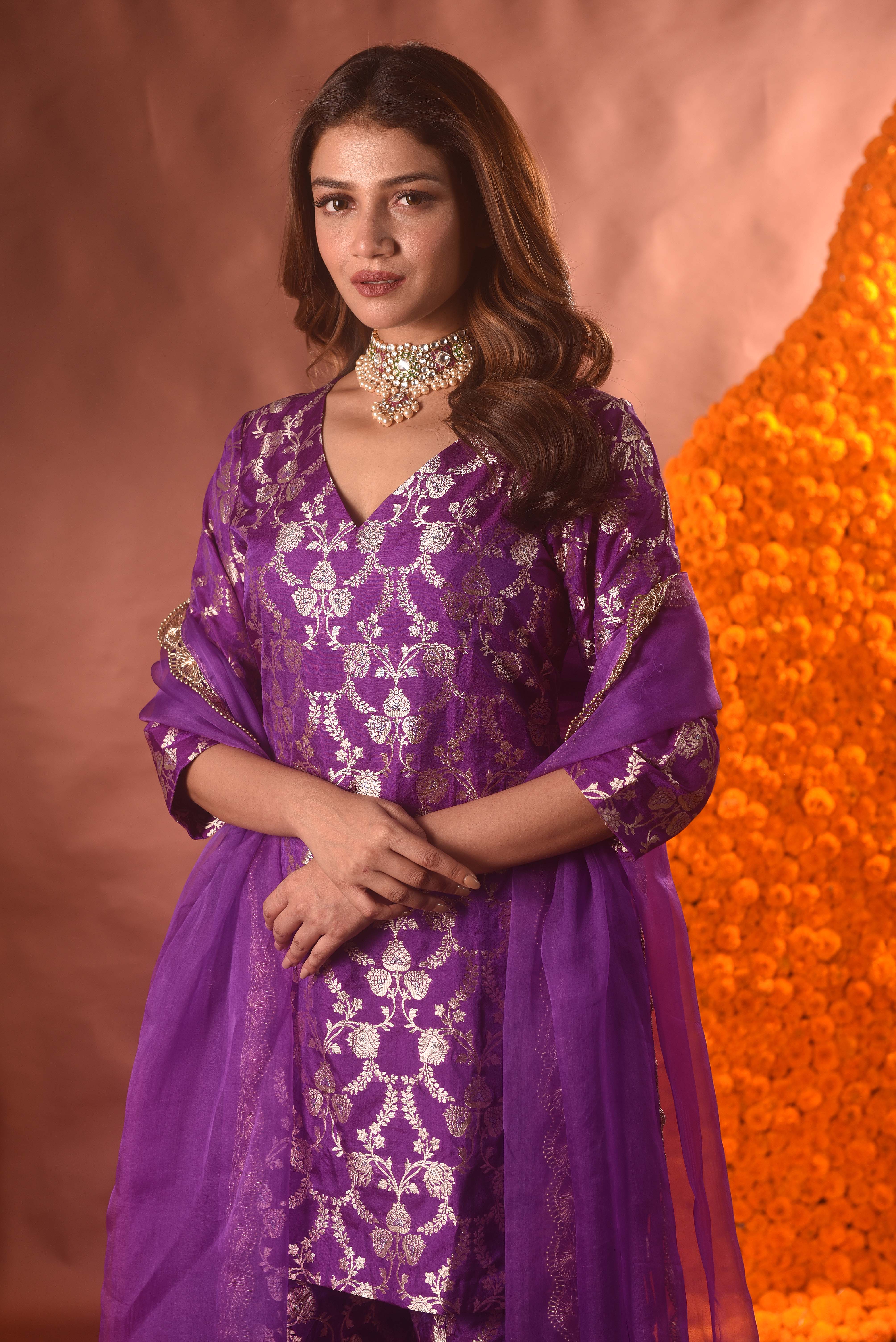 Purple Banarasi Silk Kurta Sharara Set