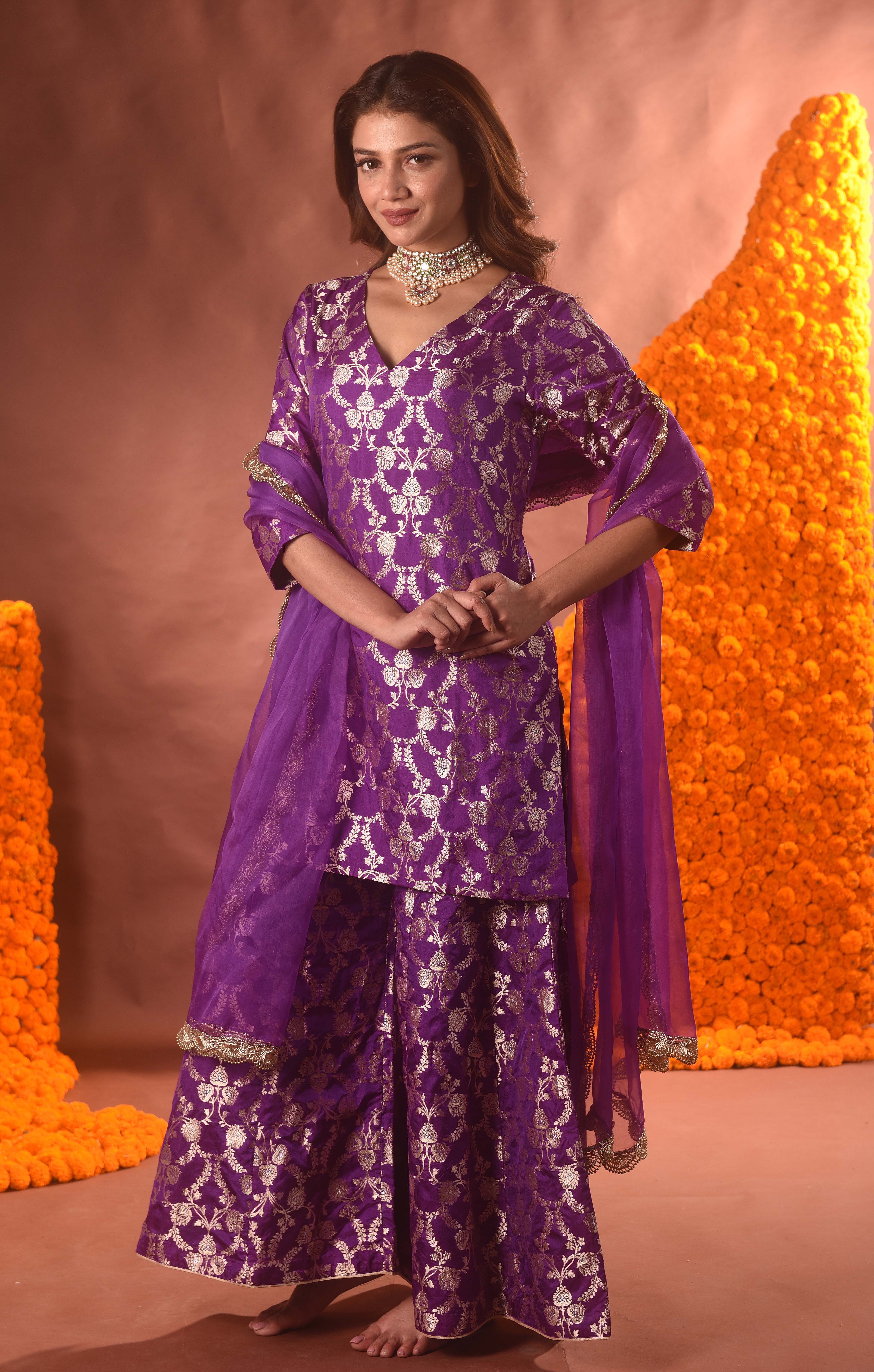 Purple Banarasi Silk Kurta Sharara Set