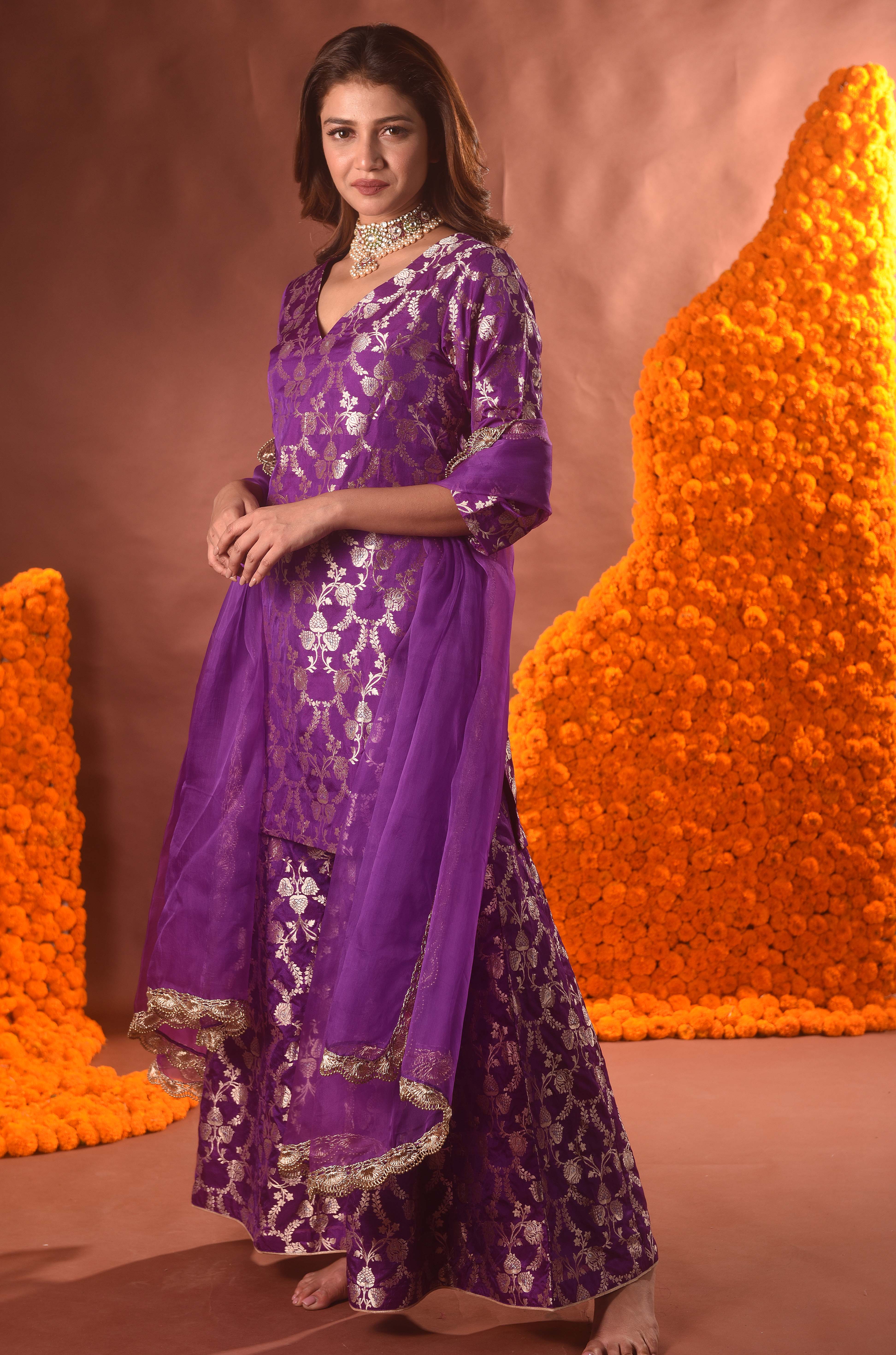 Purple Banarasi Silk Kurta Sharara Set