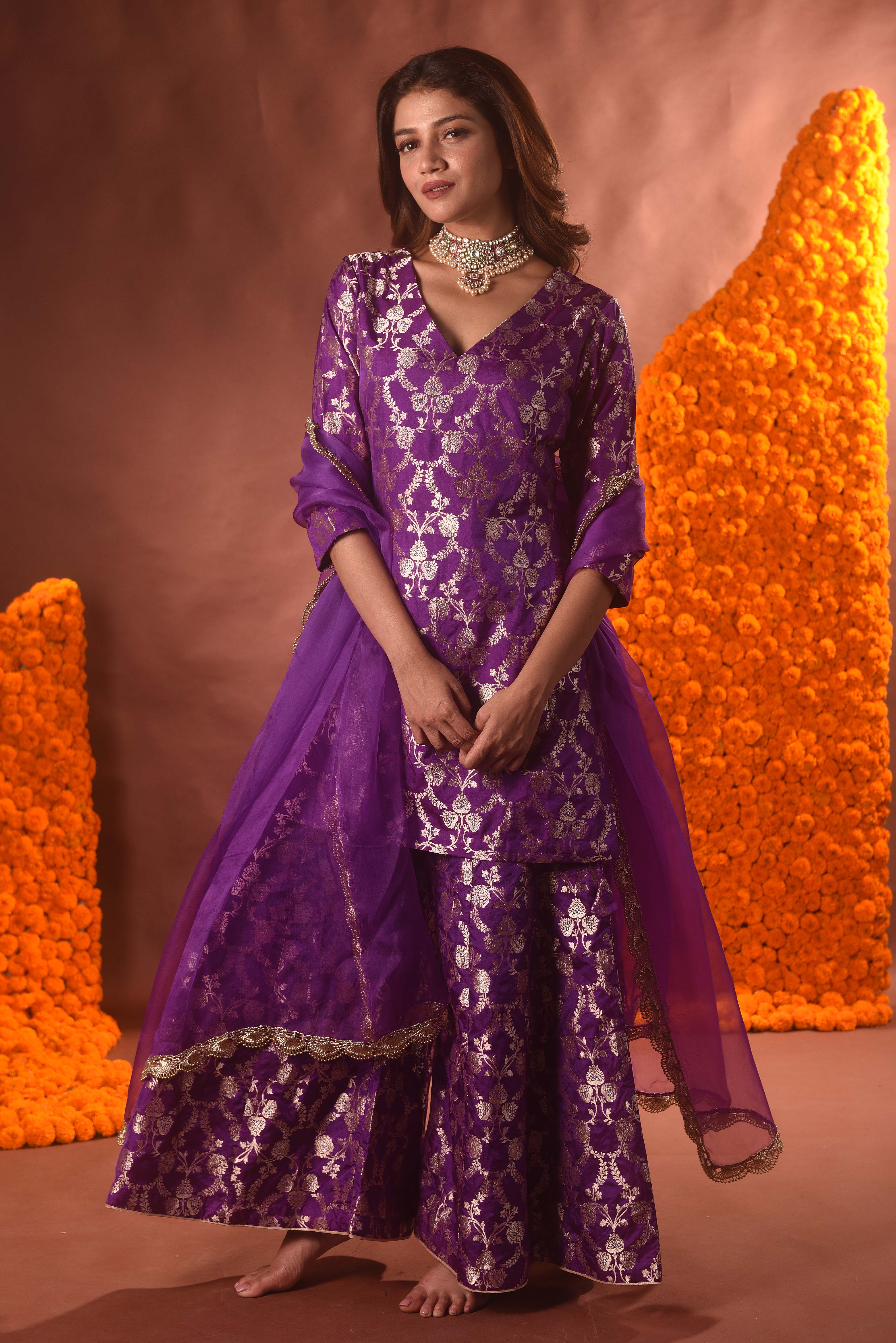 Purple Banarasi Silk Kurta Sharara Set