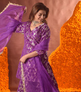 Purple Banarasi Silk Kurta Sharara Set