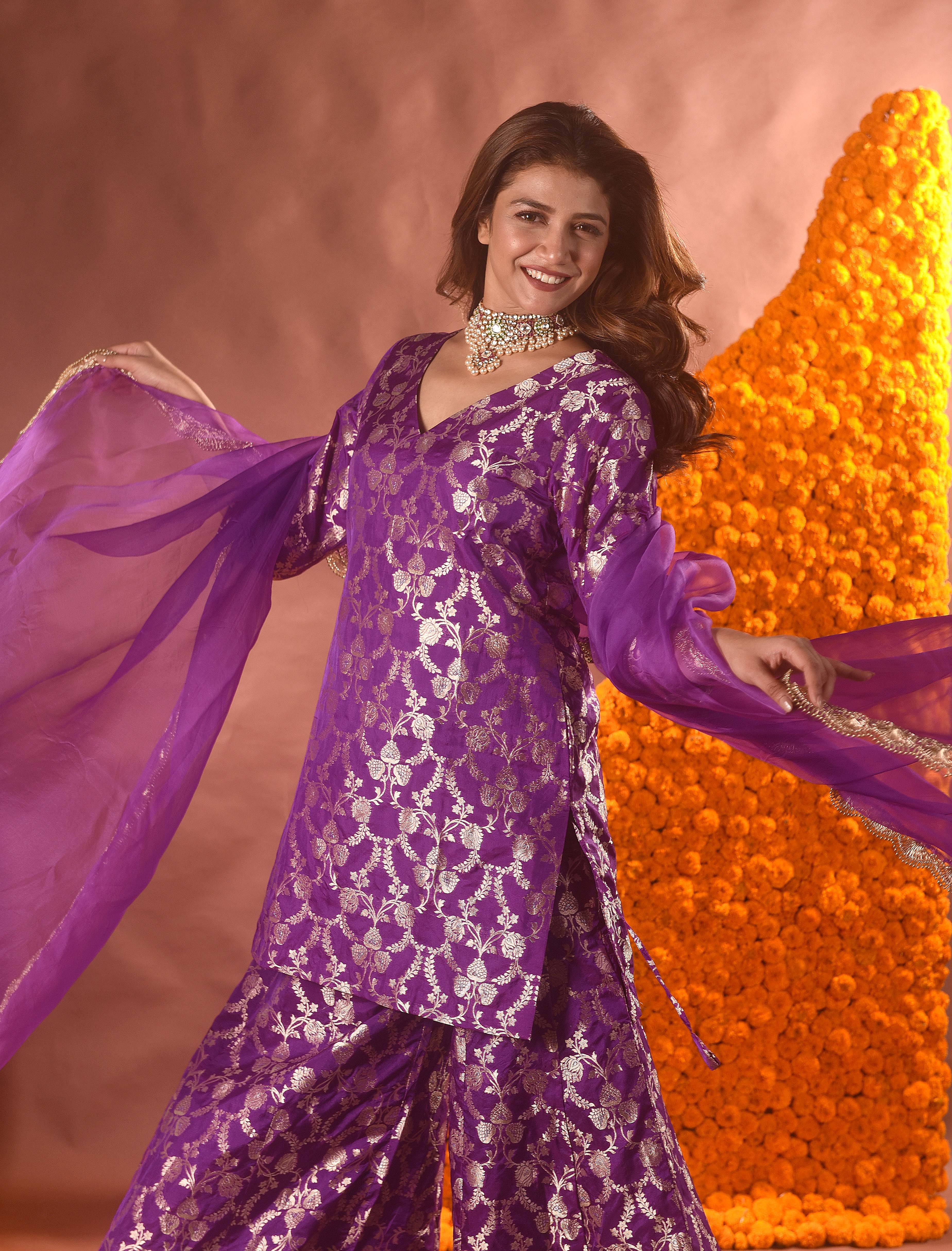 Purple Banarasi Silk Kurta Sharara Set