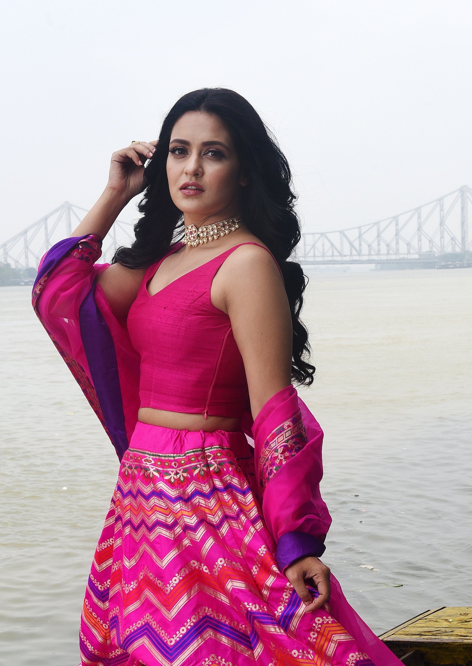 Pink Lehenga with Multi-Hued Chevron Pattern Set