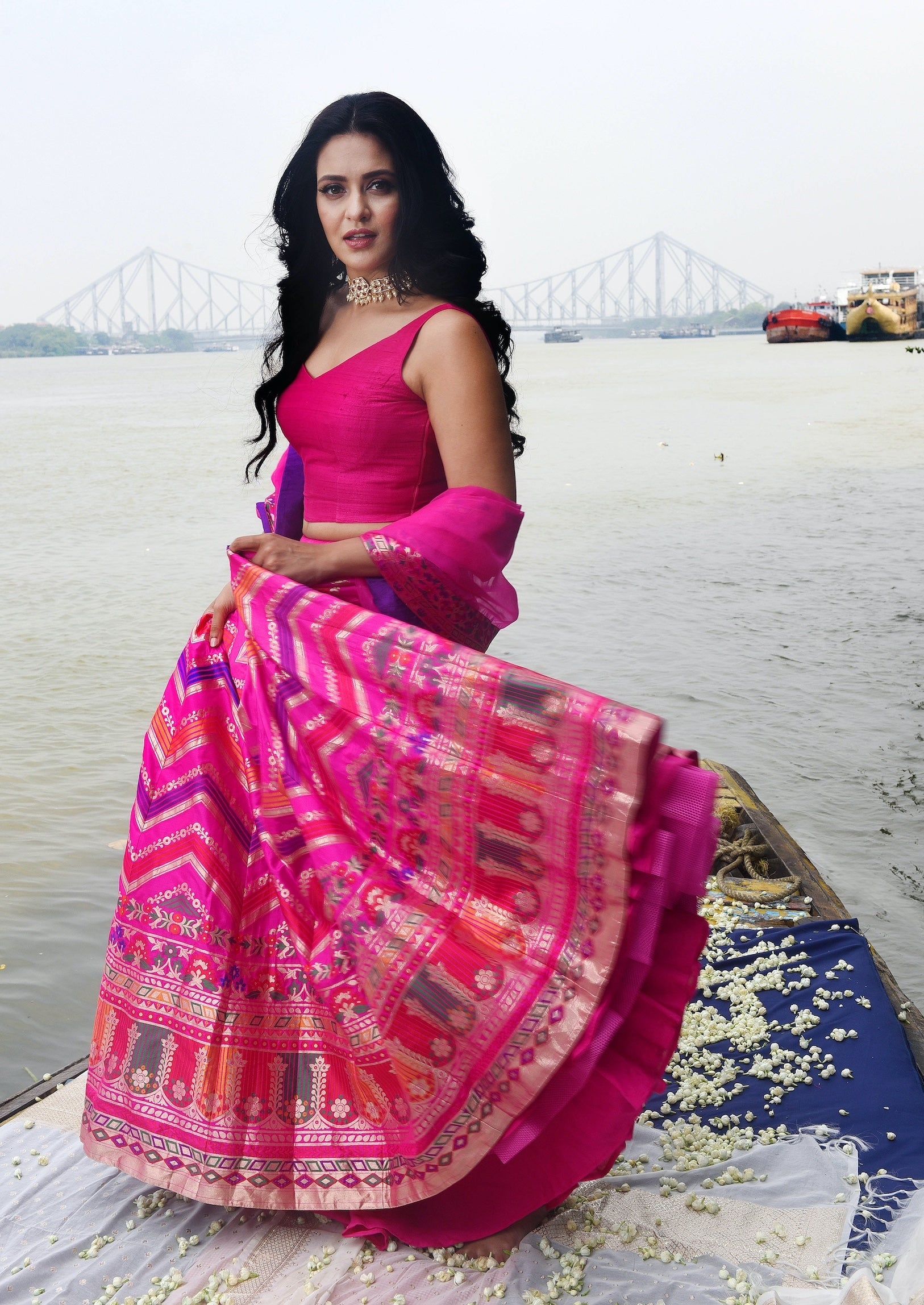 Pink Lehenga with Multi-Hued Chevron Pattern Set