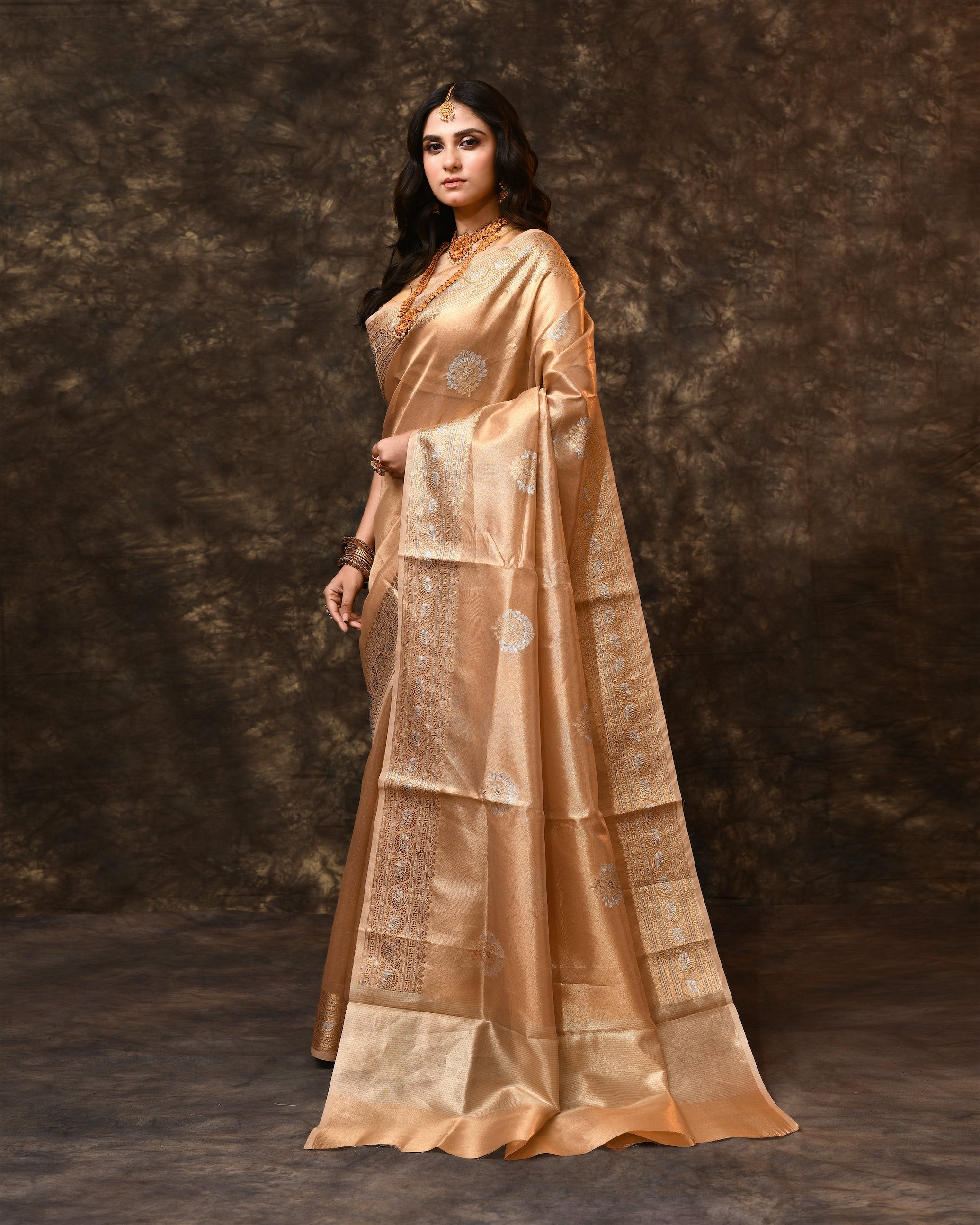 Liquid Gold Tissue Booti Saree with Running Blouse Piece