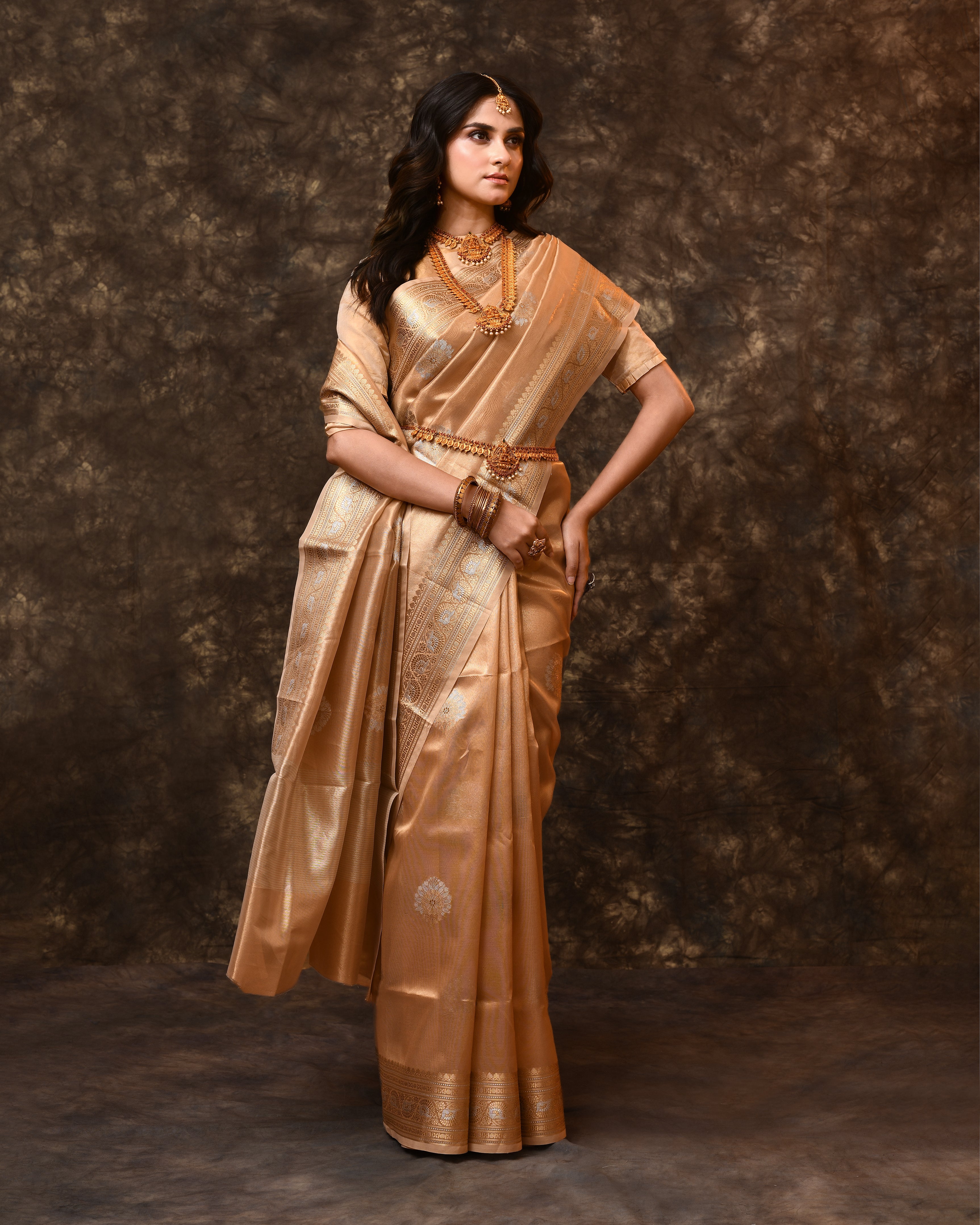 Liquid Gold Tissue Booti Saree with Running Blouse Piece