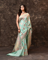 Blue Multi-Floral Weave Banarsi Silk Saree with Running Blouse Piece
