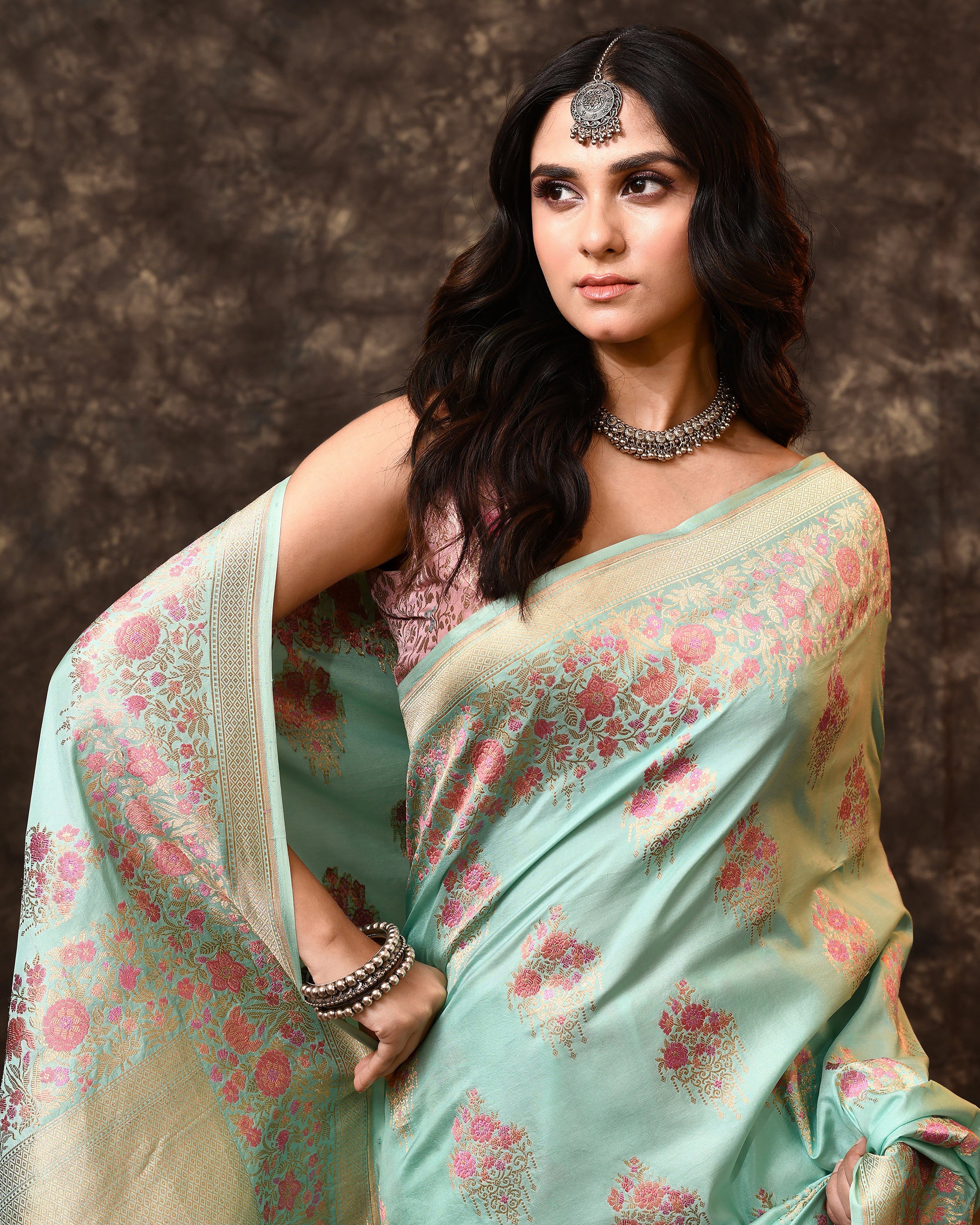Blue Multi-Floral Weave Banarsi Silk Saree with Running Blouse Piece