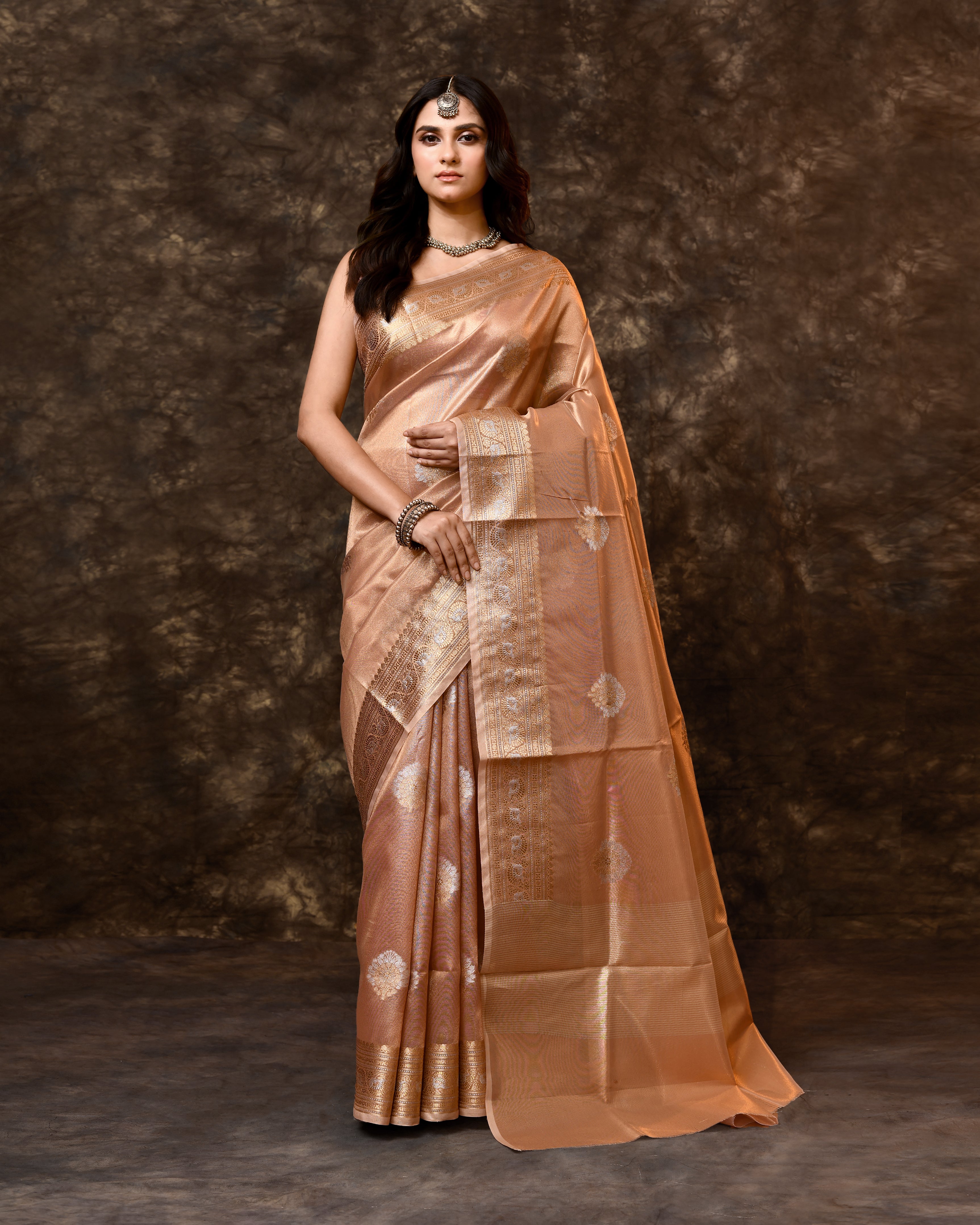 Onion Pink Tissue Silk Booti Saree with Running Blouse Piece