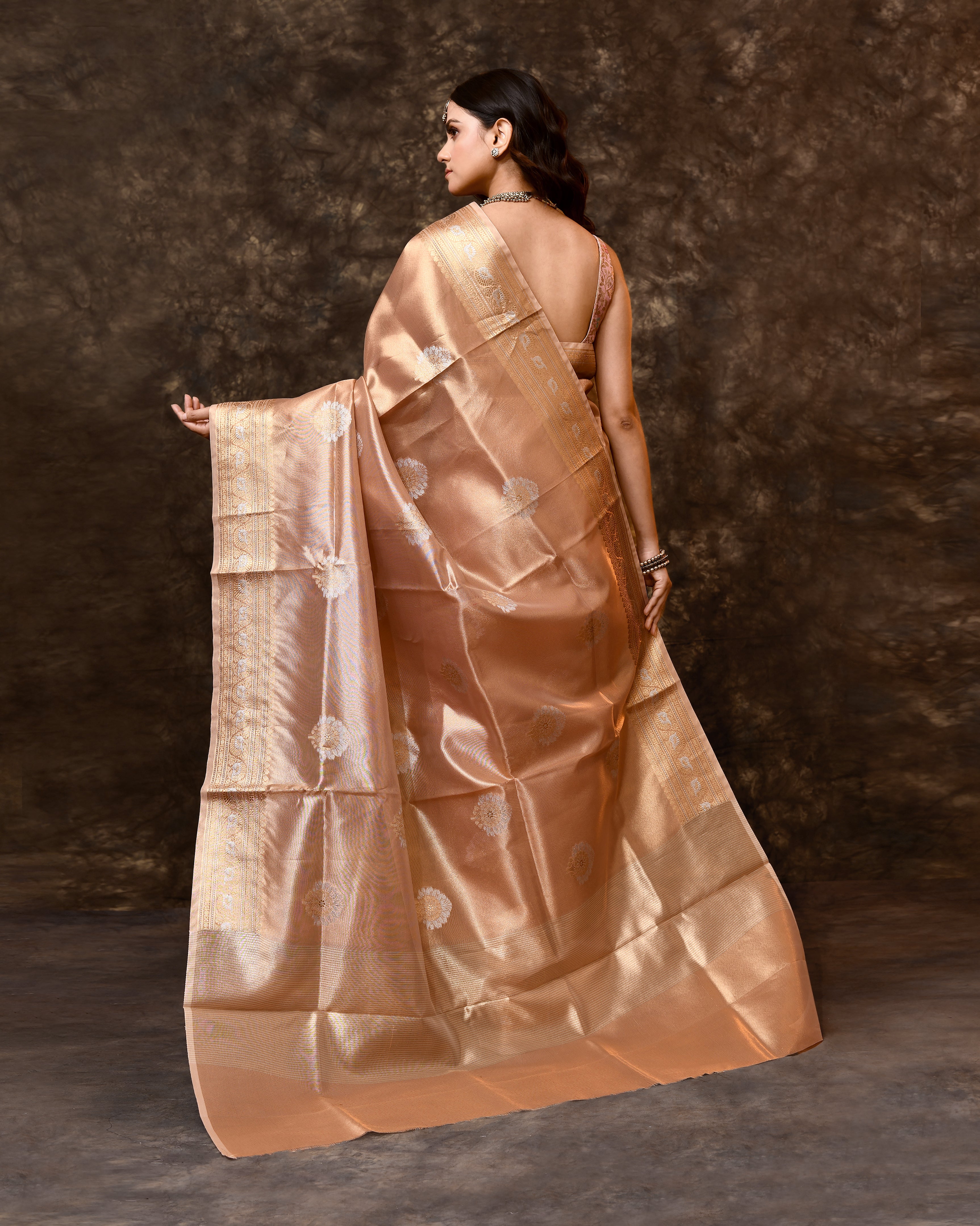 Onion Pink Tissue Silk Booti Saree with Running Blouse Piece