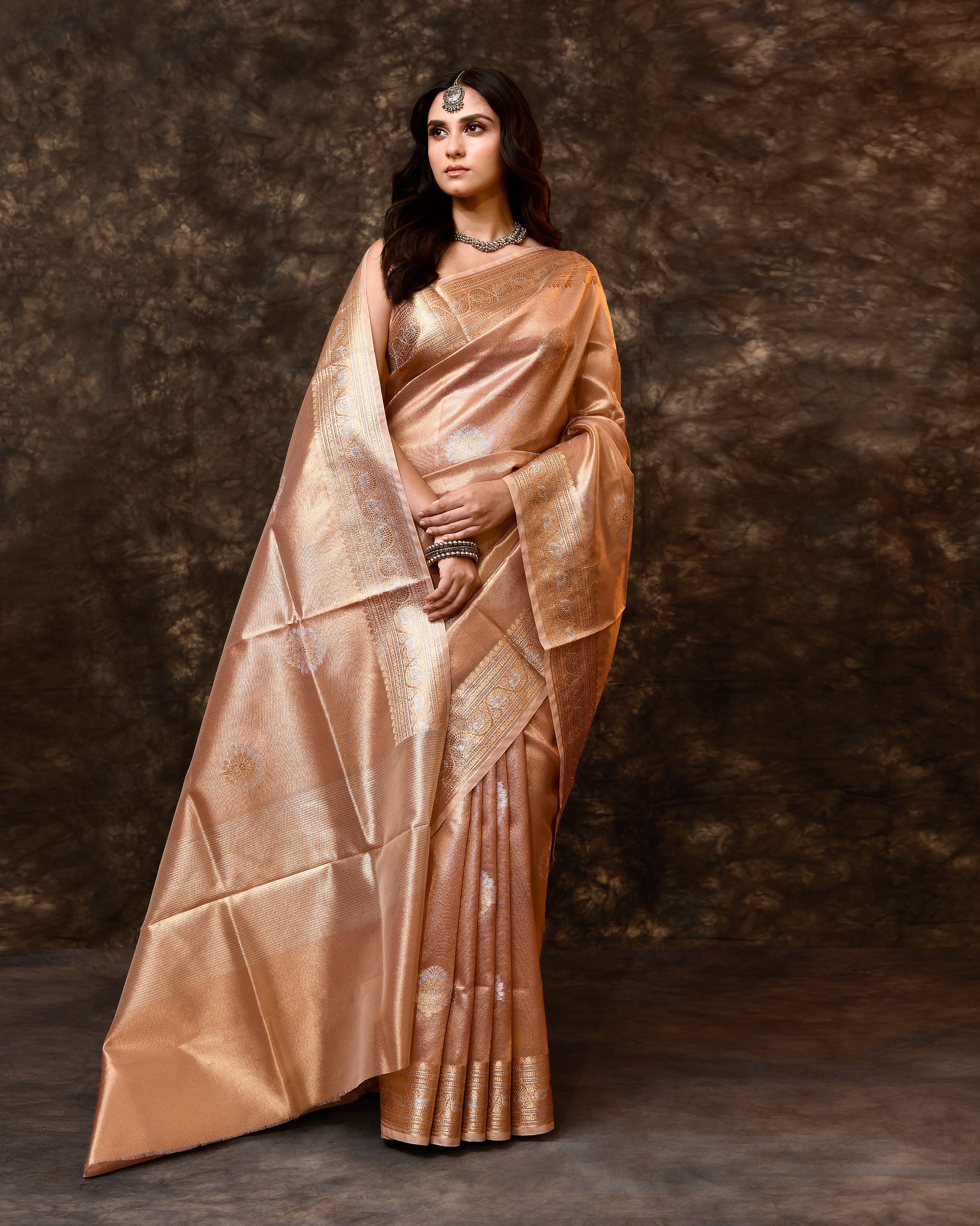 Onion Pink Tissue Silk Booti Saree with Running Blouse Piece
