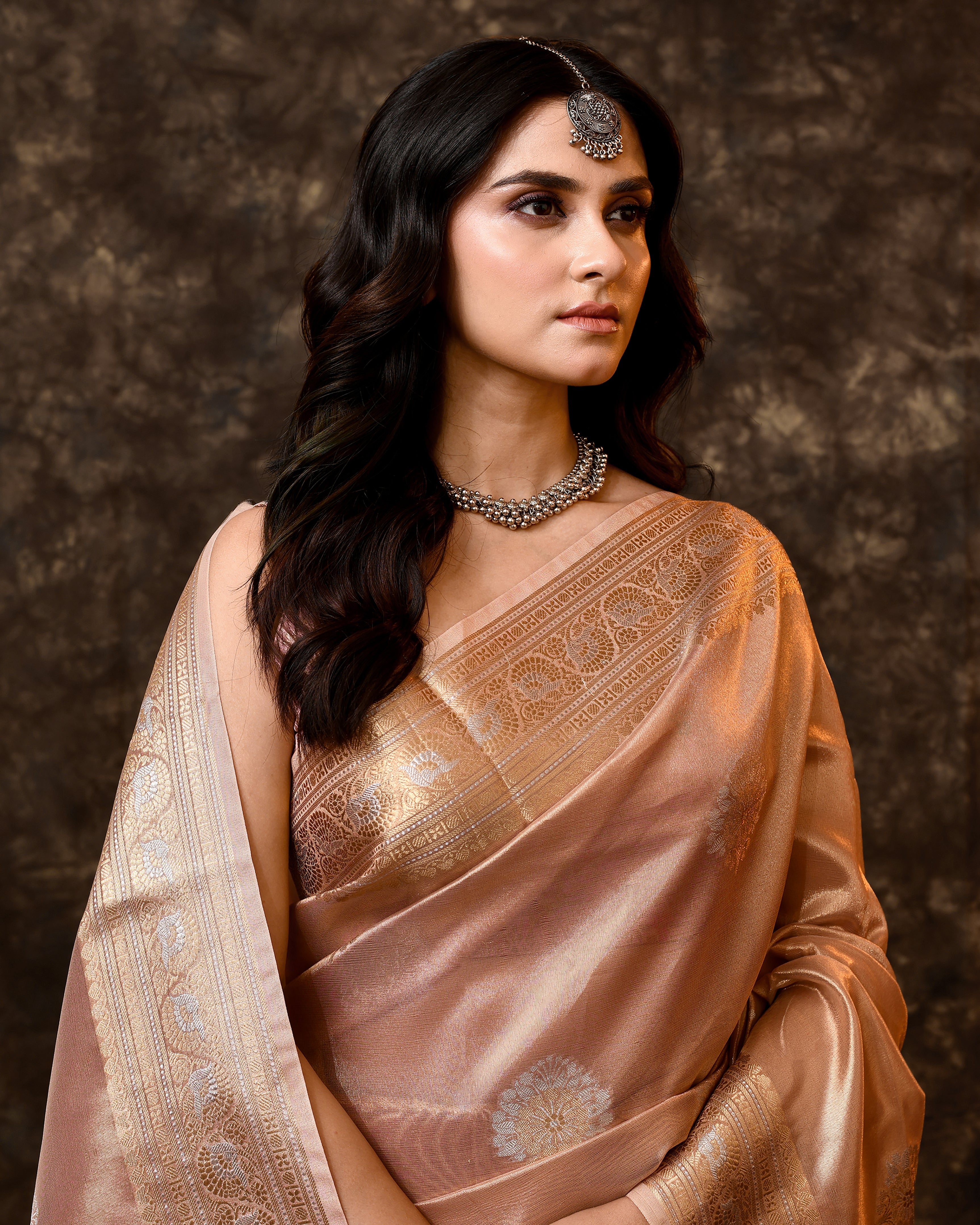 Onion Pink Tissue Silk Booti Saree with Running Blouse Piece