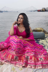 Pink Lehenga with Multi-Hued Chevron Pattern Set