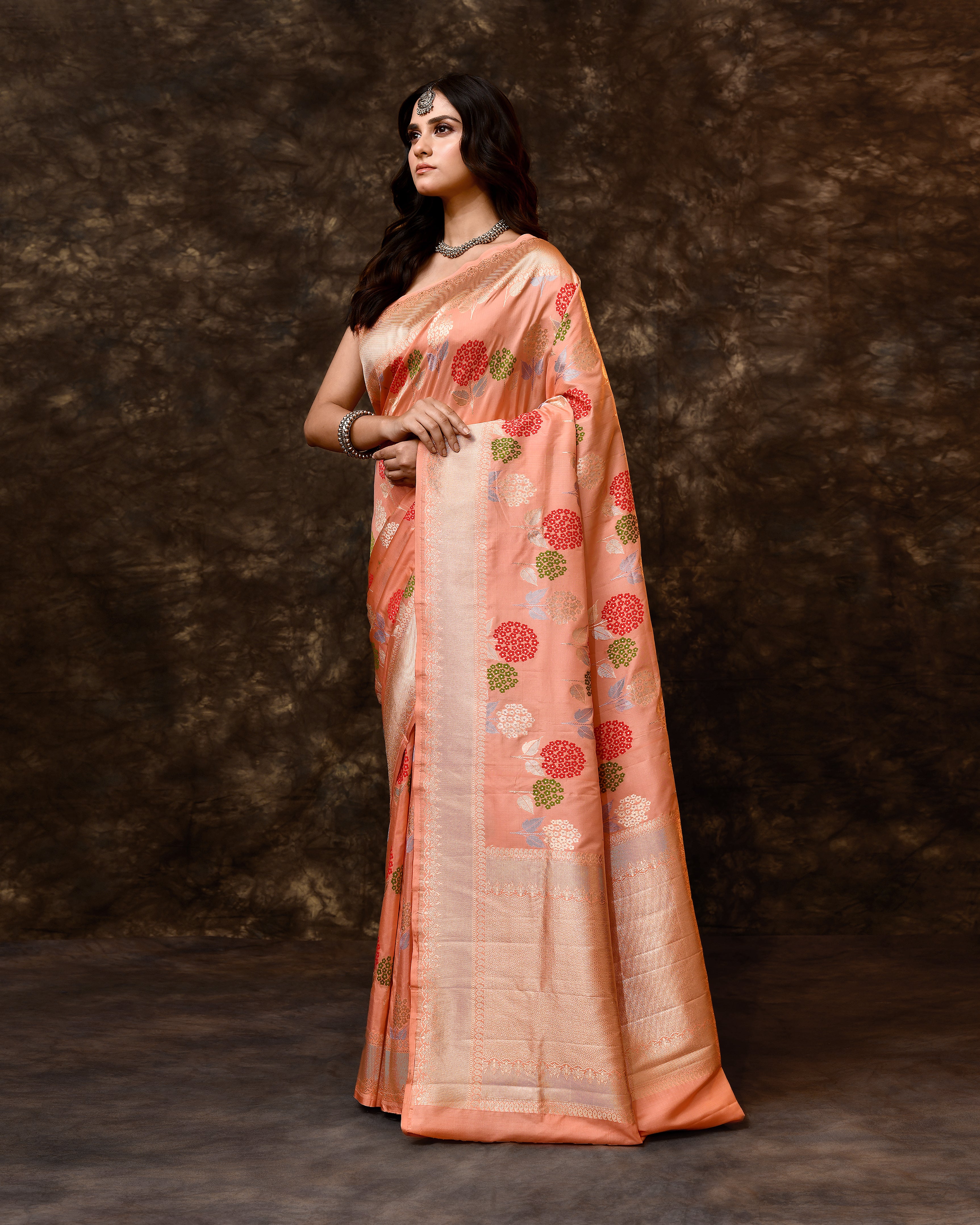 Peach Meenakari Floral Jaal Silk Saree with Running Blouse Piece