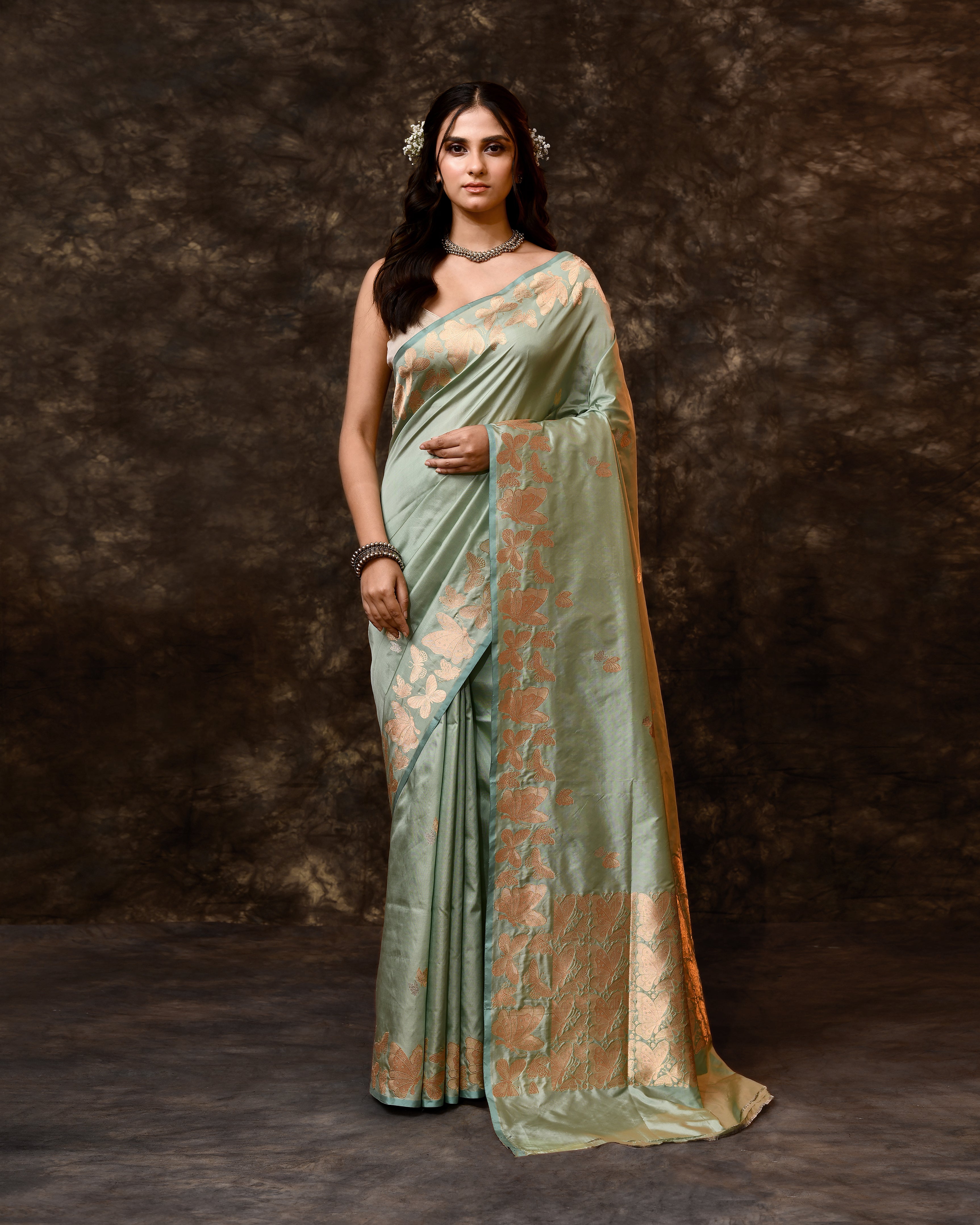 Powder Blue Silver Butterfly Handwoven Silk Saree