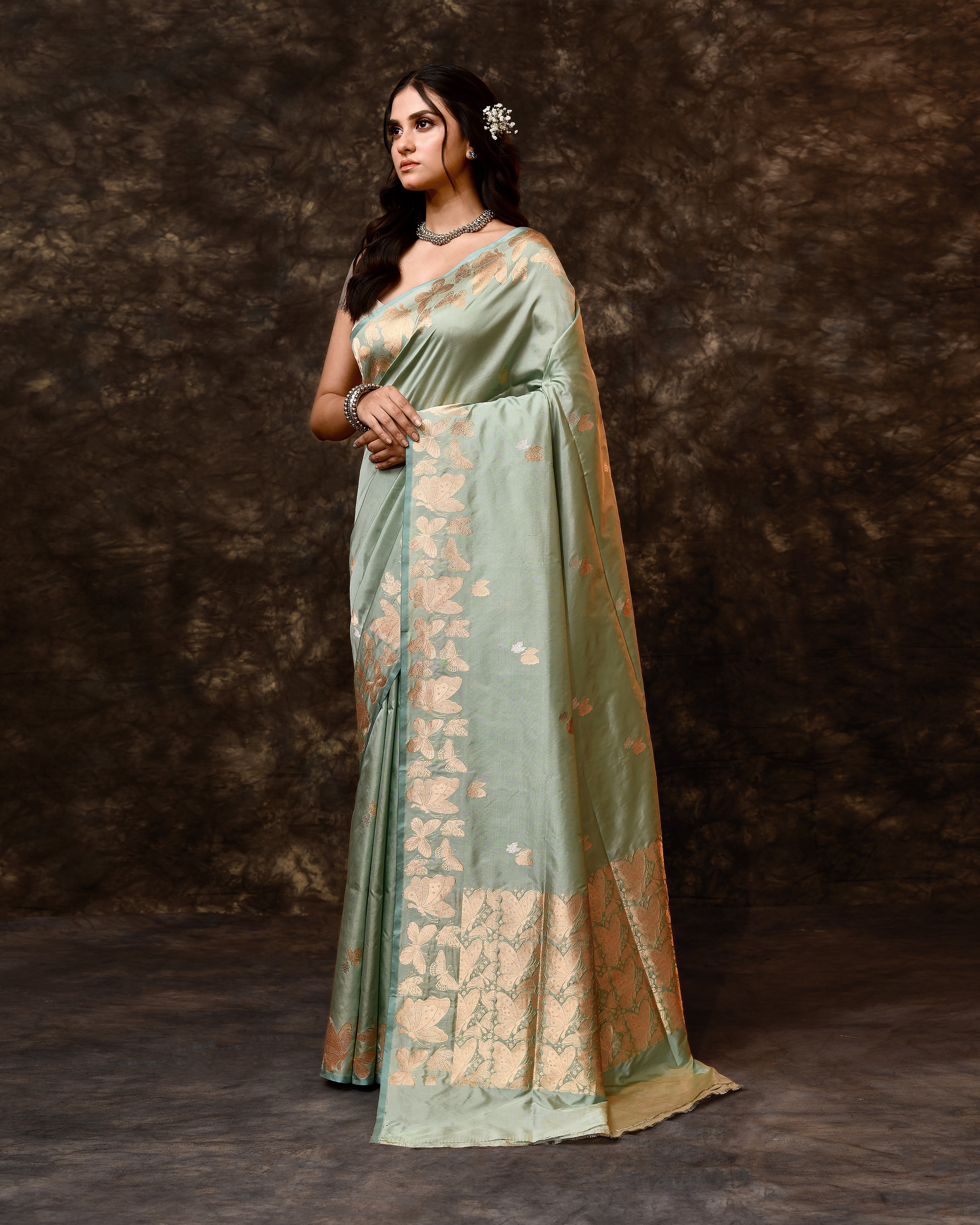 Powder Blue Silver Butterfly Handwoven Silk Saree