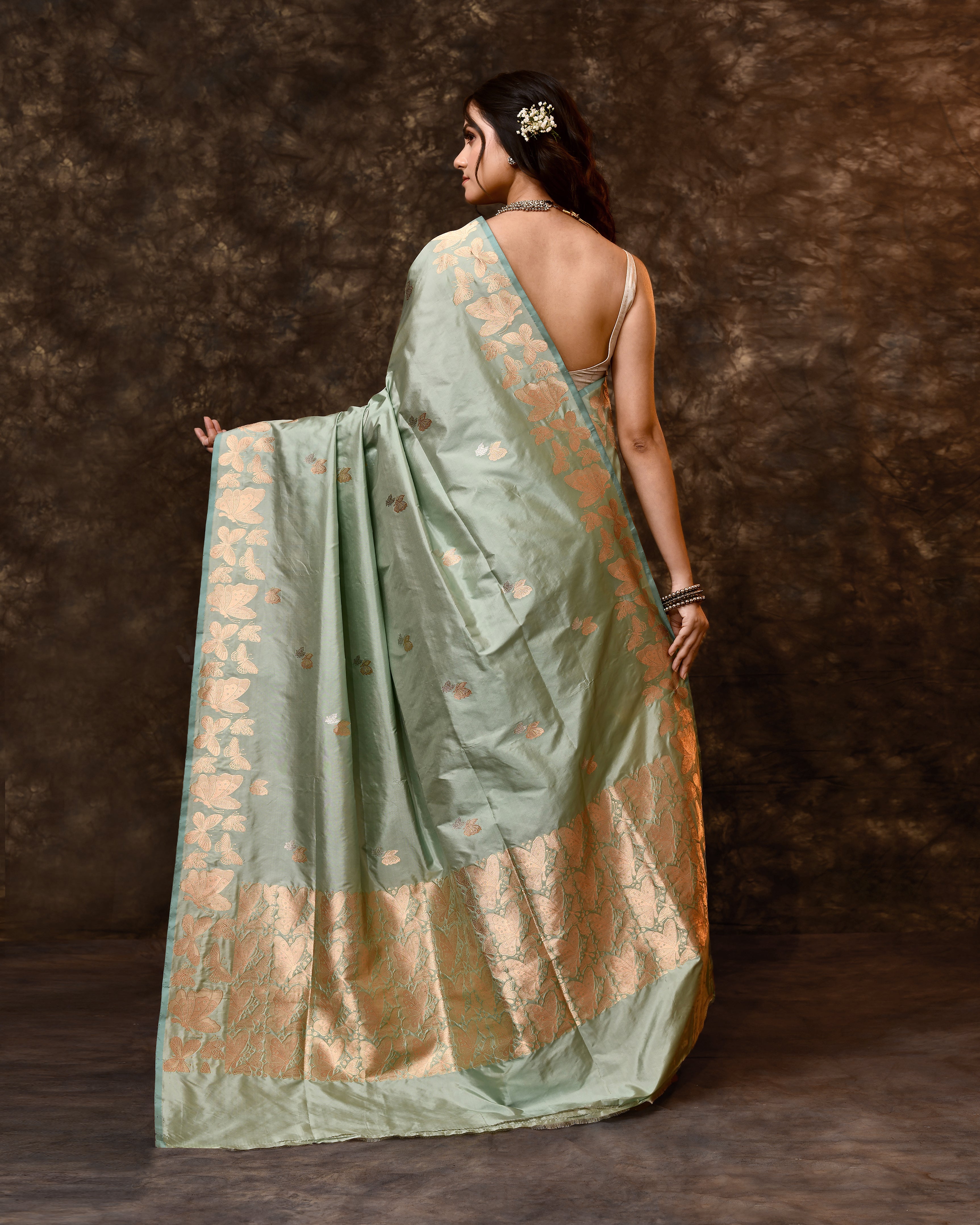 Powder Blue Silver Butterfly Handwoven Silk Saree