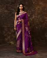 Purple Gold Silver Floral Silk Saree with Running Blouse Piece