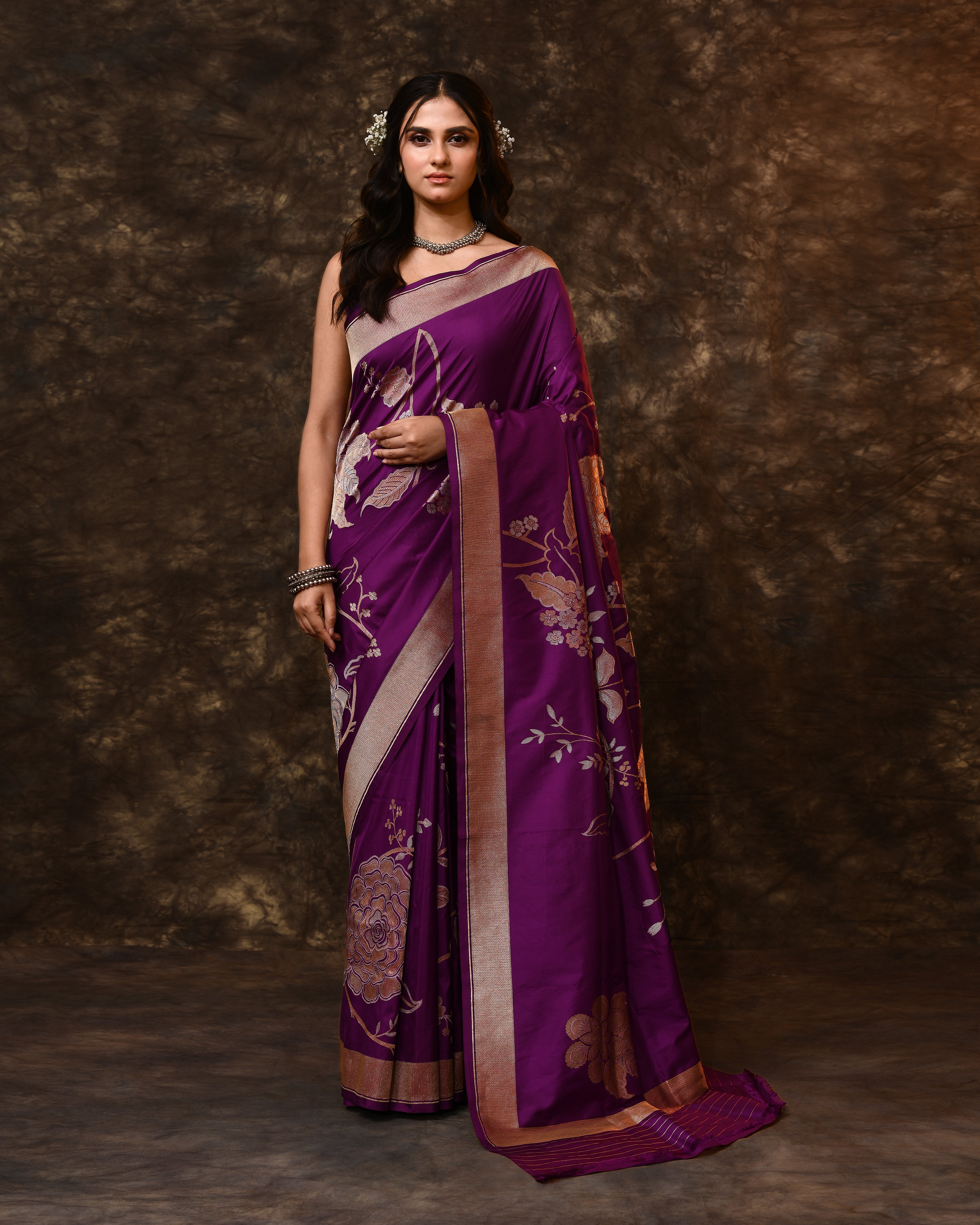 Purple Gold Silver Floral Silk Saree with Running Blouse Piece