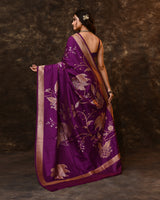 Purple Gold Silver Floral Silk Saree with Running Blouse Piece
