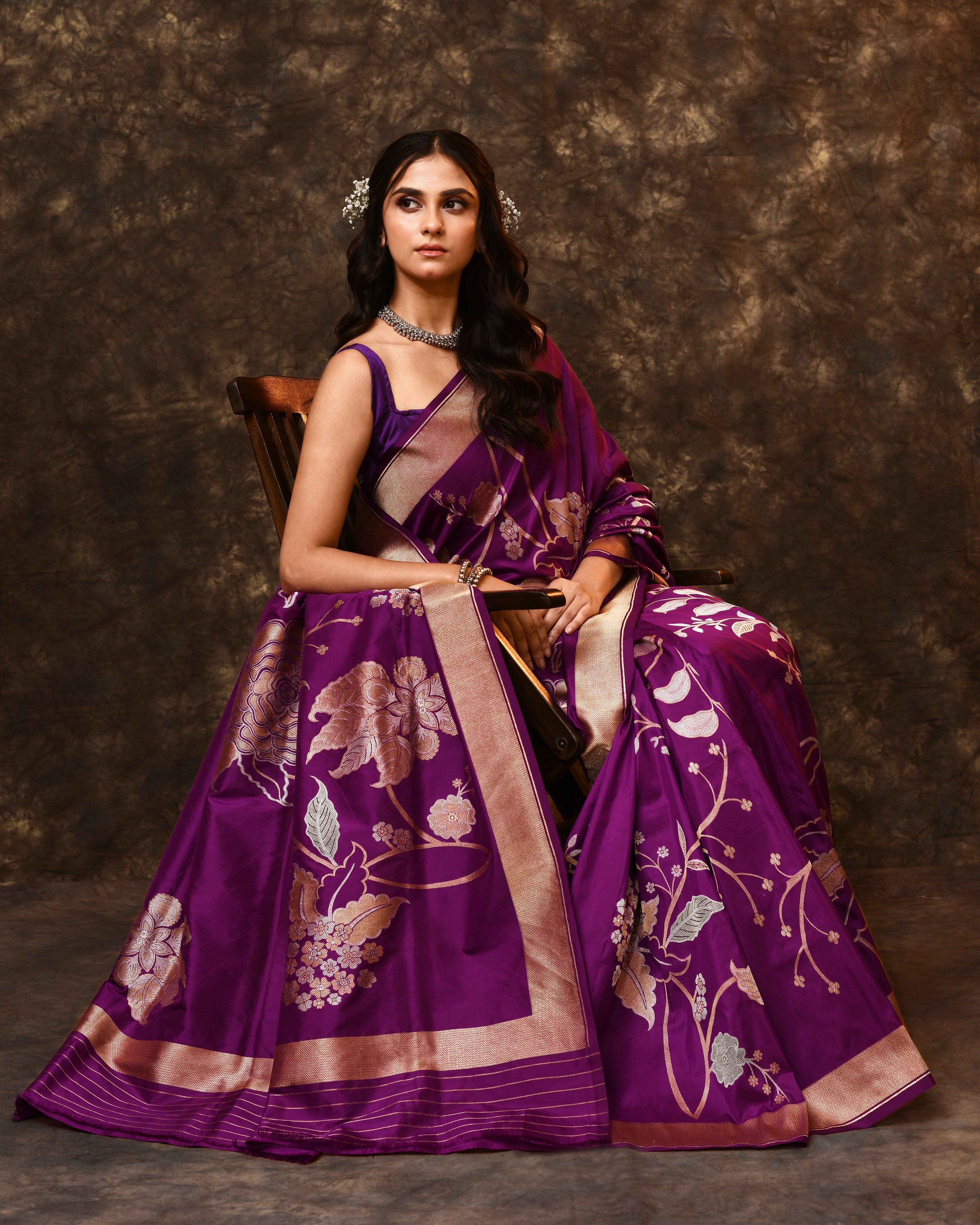Purple Gold Silver Floral Silk Saree with Running Blouse Piece